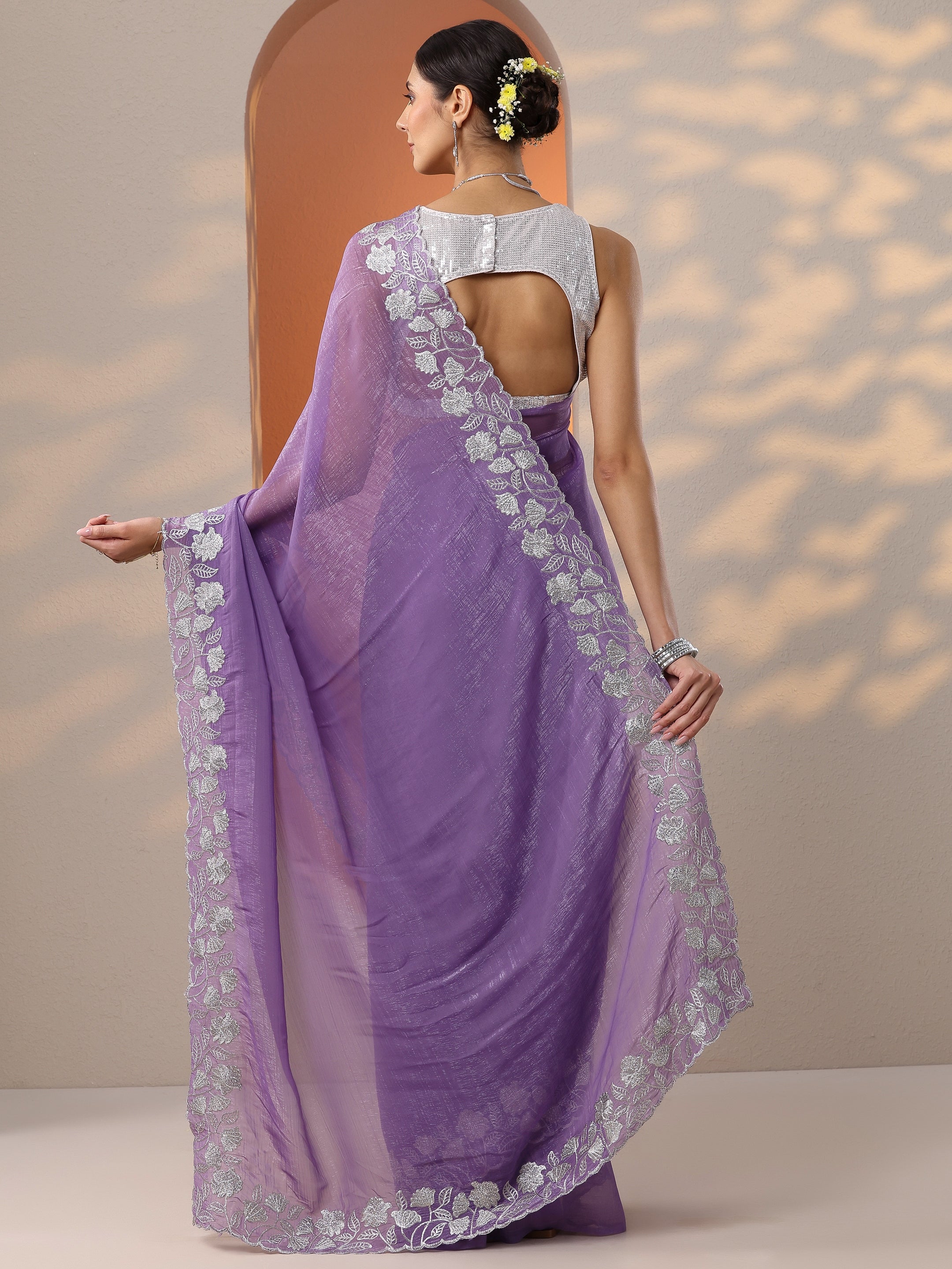 Lavender Embellished Chinon Saree With Unstitched Blouse Piece