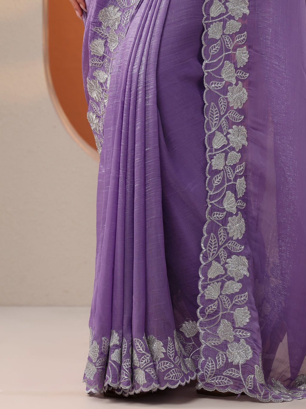Lavender Embellished Chinon Saree With Unstitched Blouse Piece