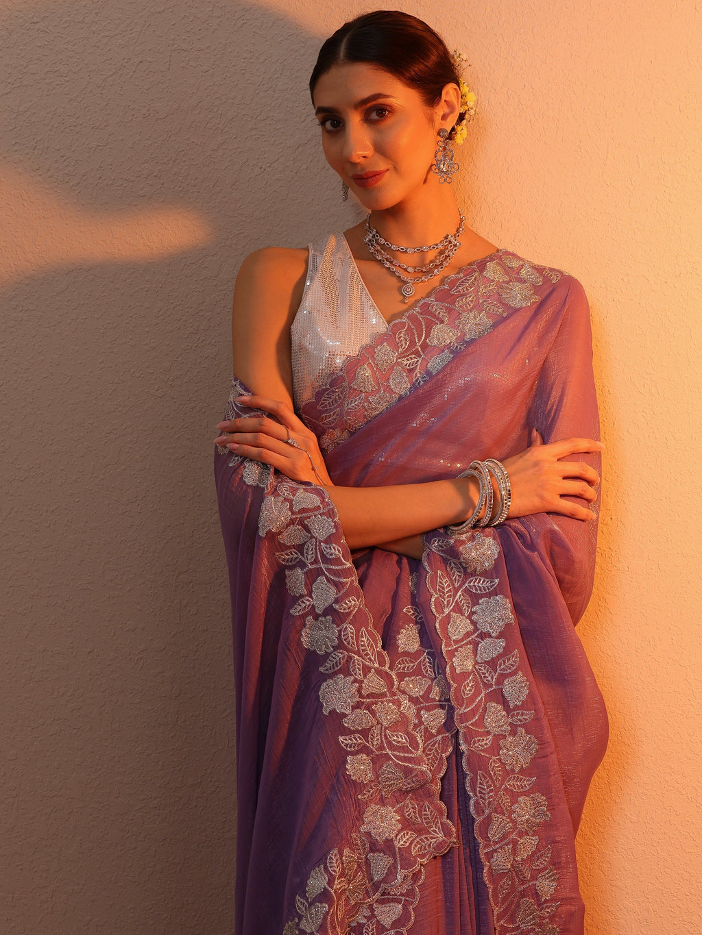 Lavender Embellished Chinon Saree With Unstitched Blouse Piece
