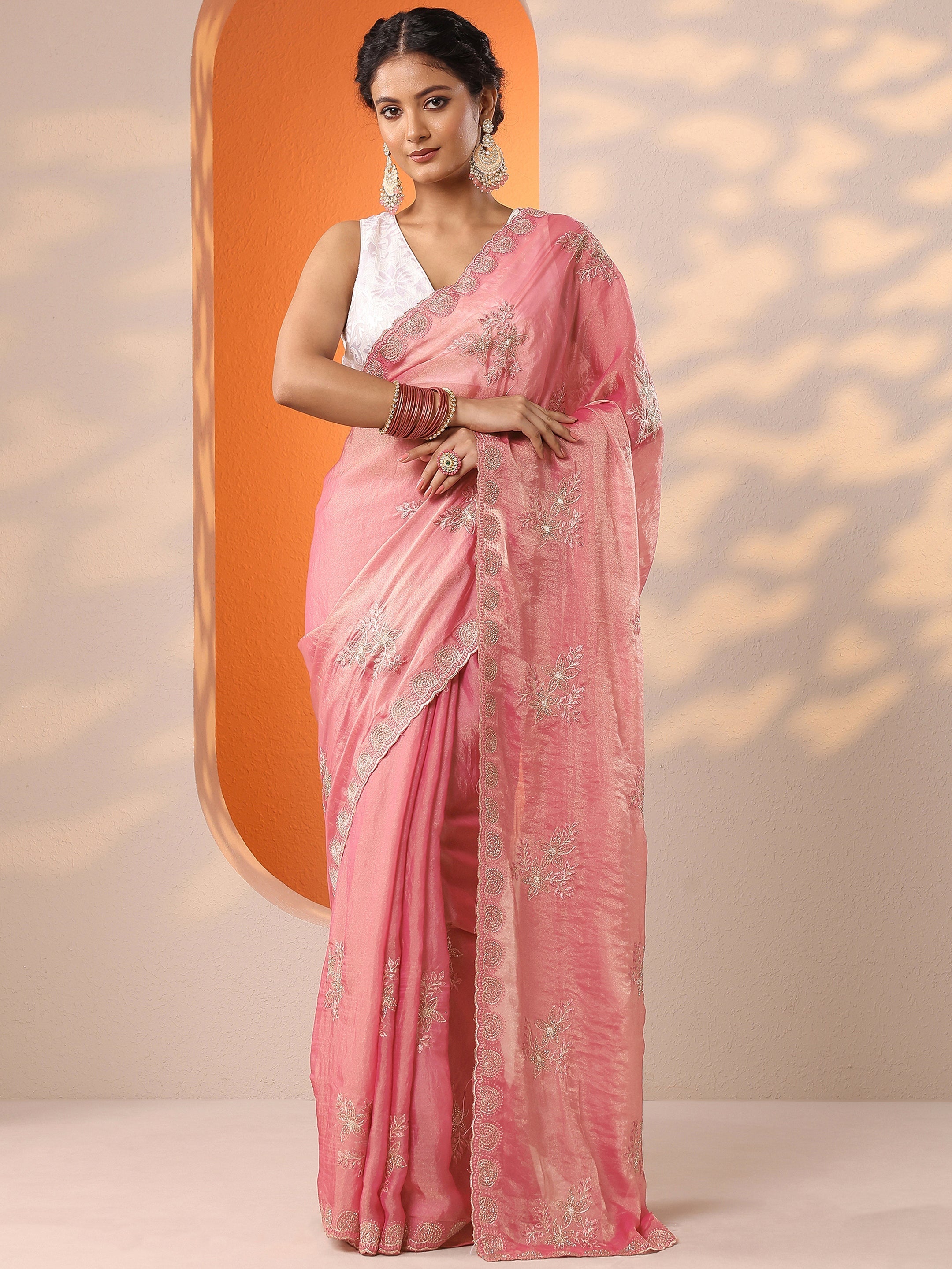 Pink Embroidered Organza Saree With Unstitched Blouse Piece