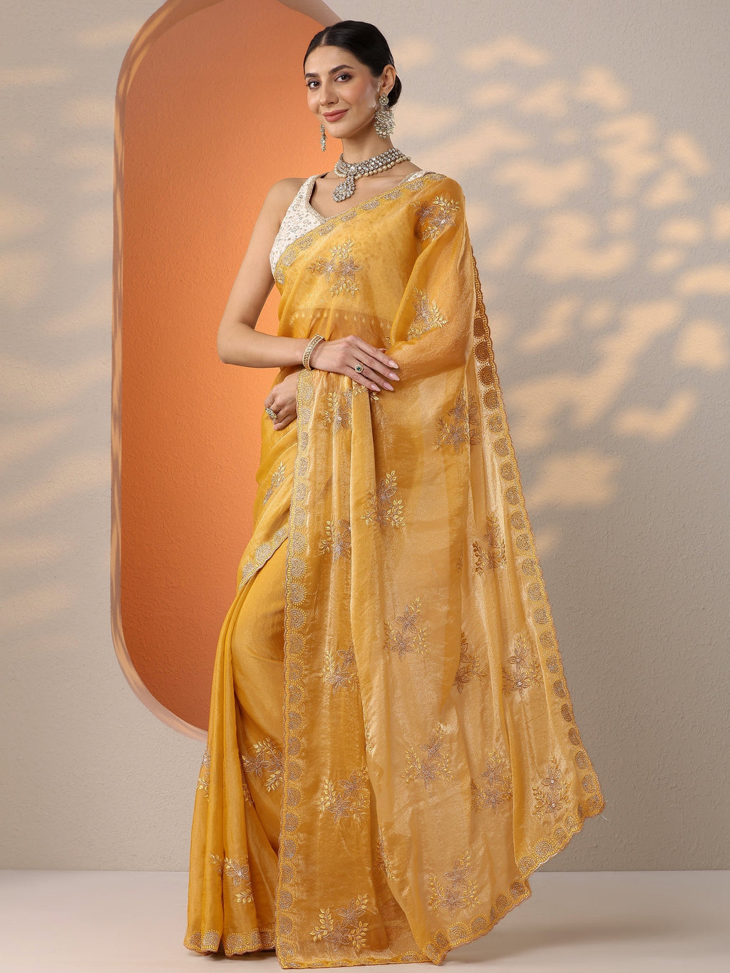 Mustard Embroidered Organza Saree With Unstitched Blouse Piece