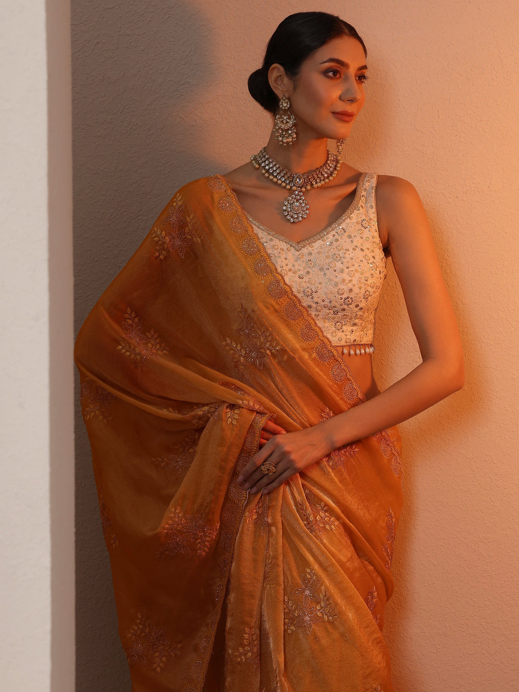 Mustard Embroidered Organza Saree With Unstitched Blouse Piece