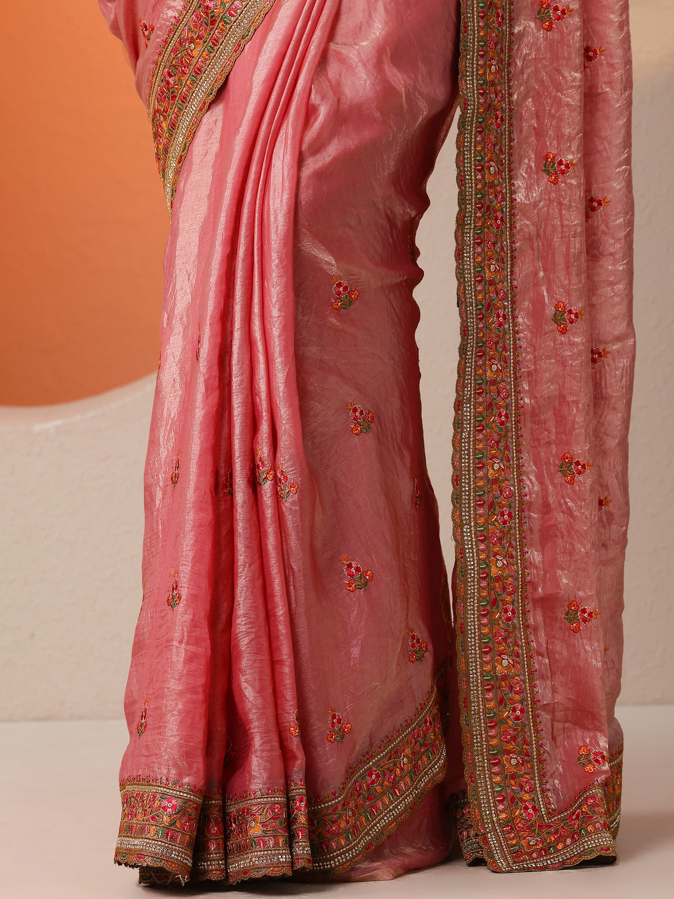 Pink Embroidered Organza Saree With Unstitched Blouse Piece