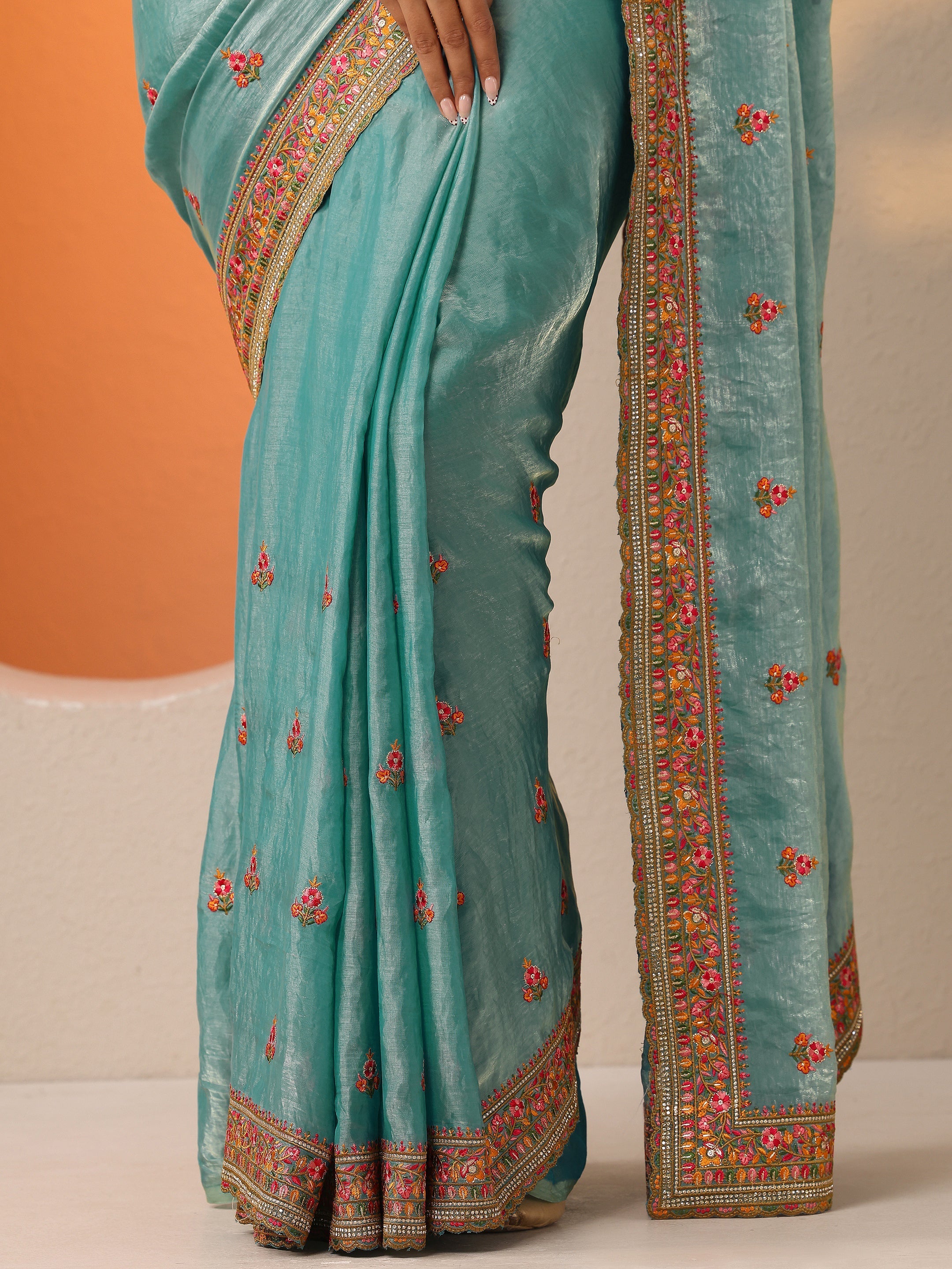 Blue Embroidered Organza Saree With Unstitched Blouse Piece