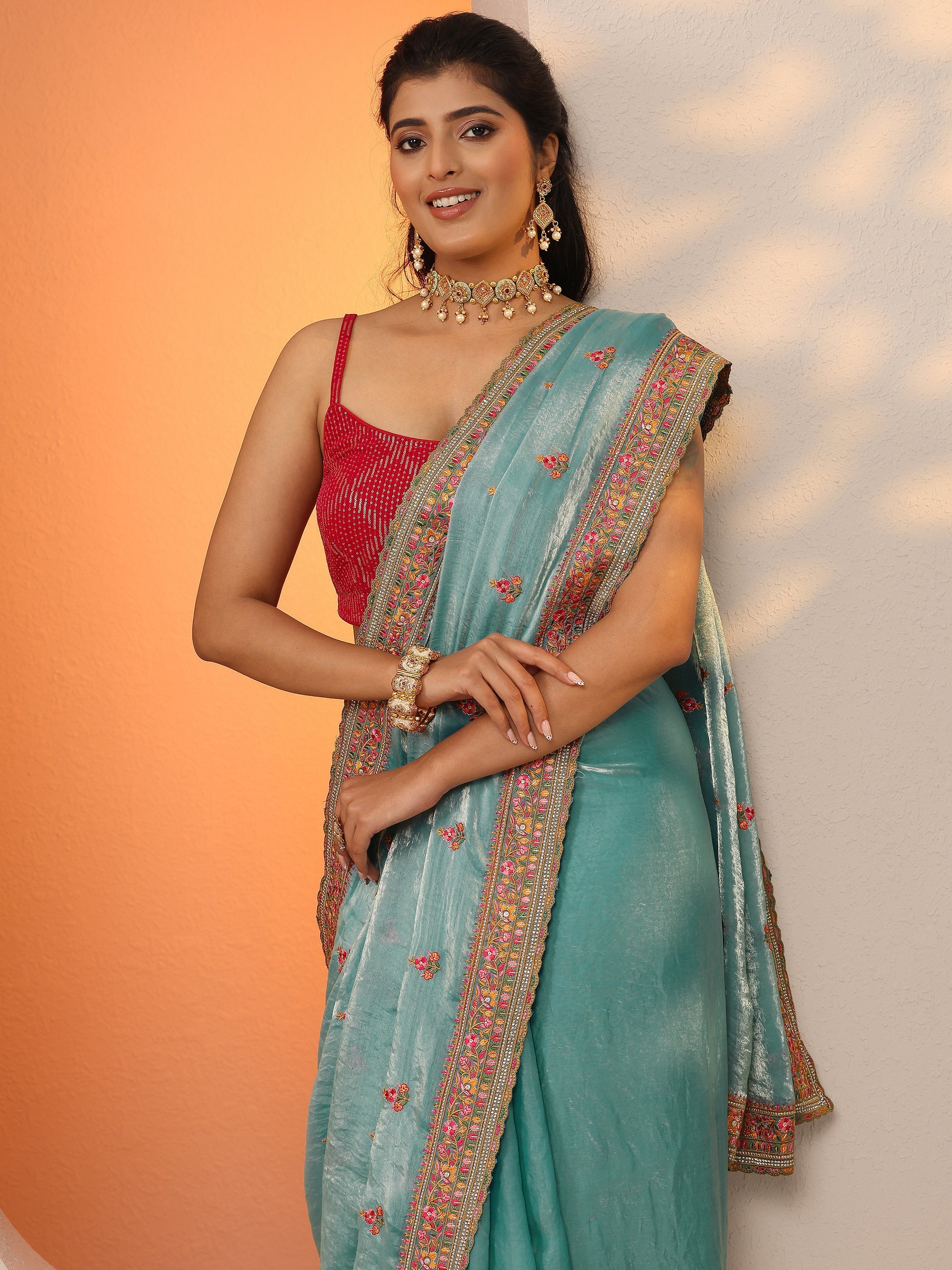 Blue Embroidered Organza Saree With Unstitched Blouse Piece