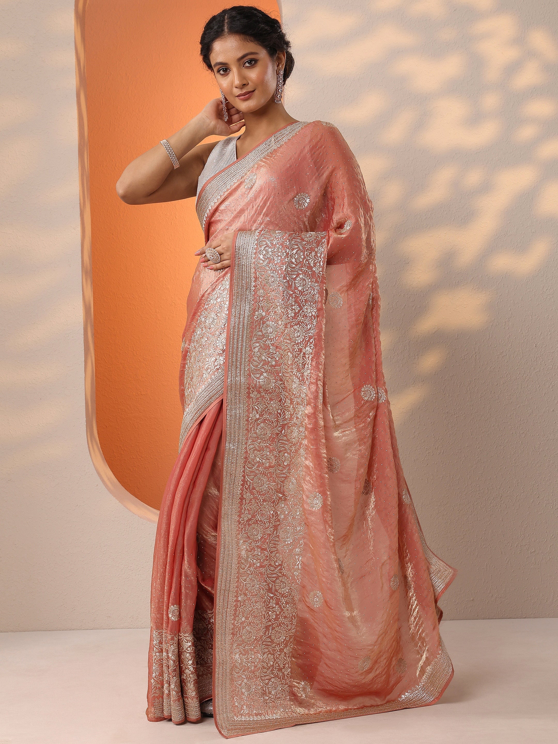 Peach Embellished Banarasi Organza Saree With Unstitched Blouse Piece