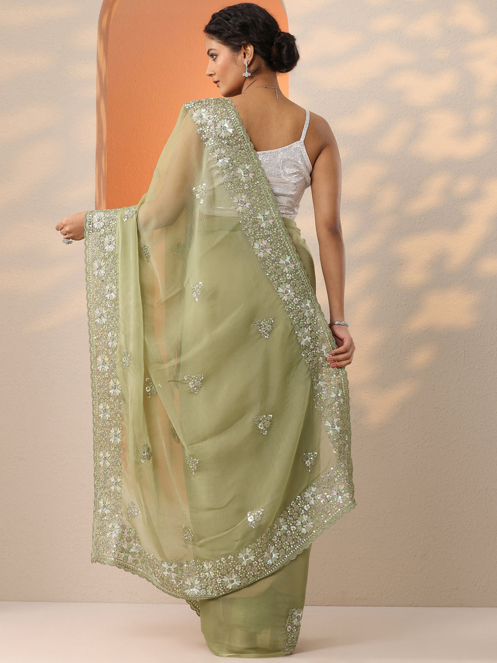 Green Embroidered Chinon Saree With Unstitched Blouse Piece