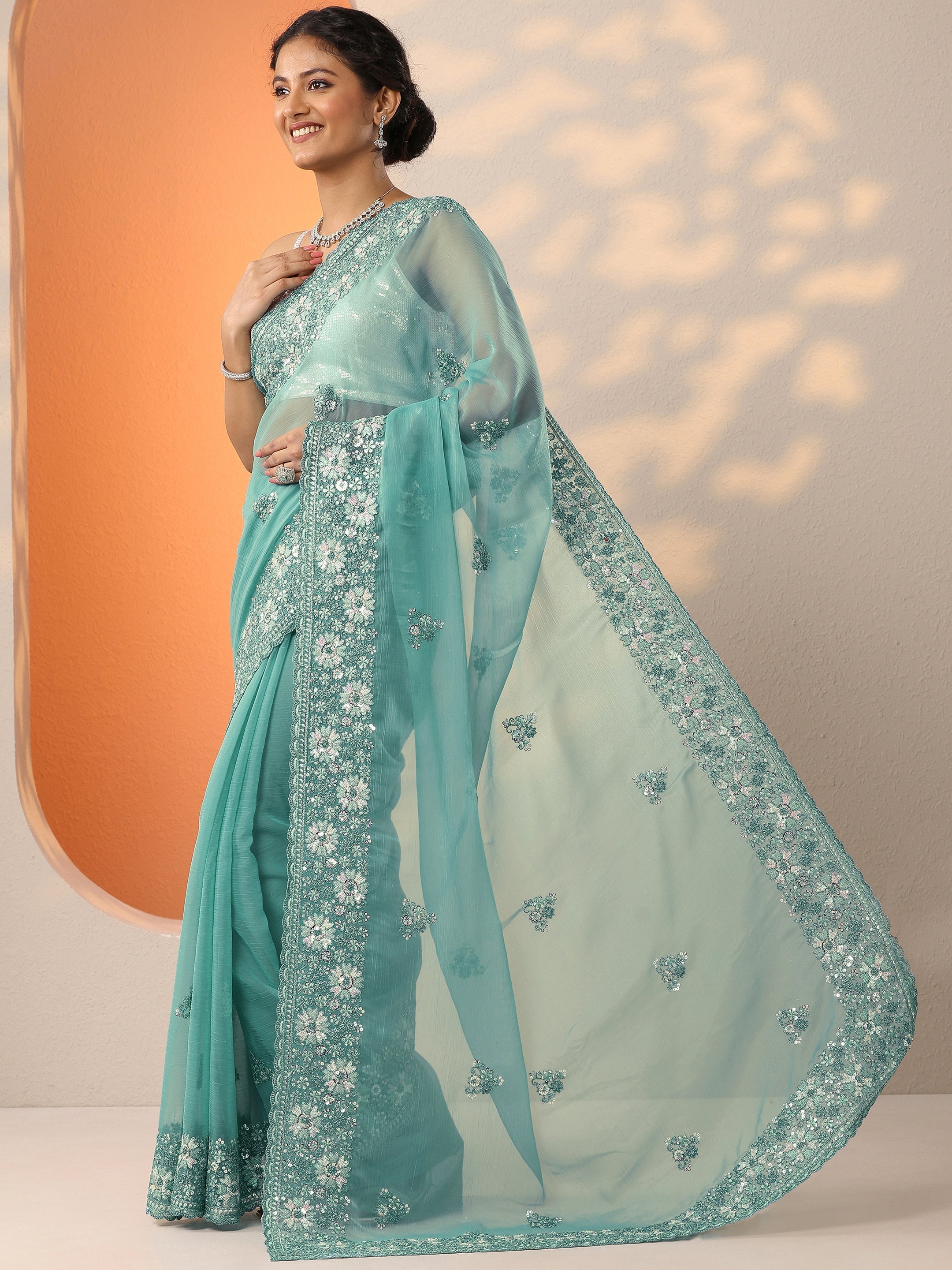 Blue Embroidered Chinon Saree With Unstitched Blouse Piece