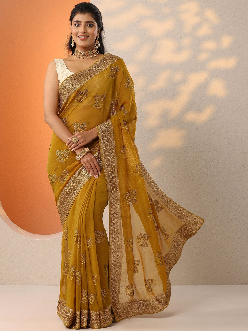 Mustard Embroidered Chinon Saree With Unstitched Blouse Piece