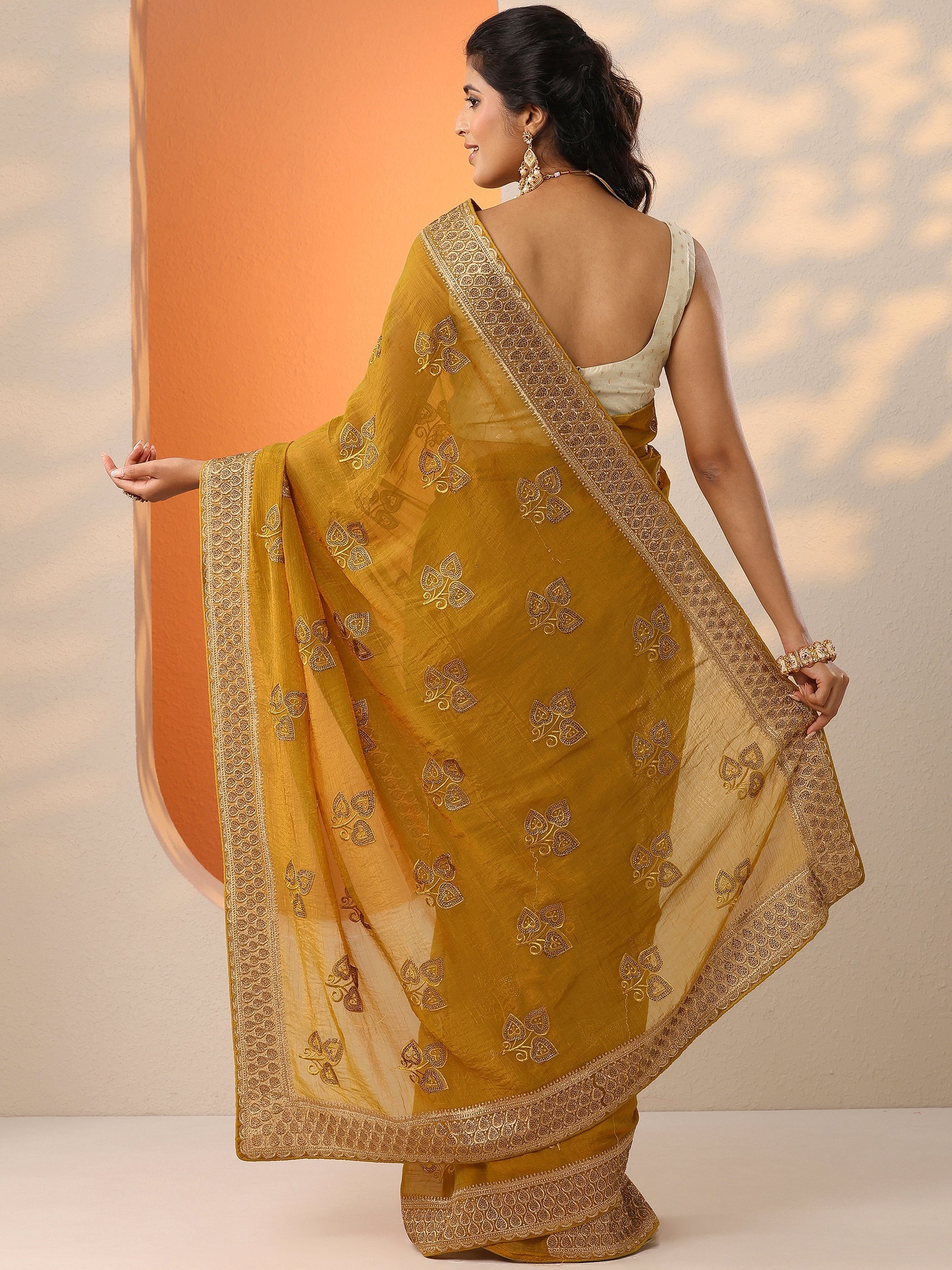 Mustard Embroidered Chinon Saree With Unstitched Blouse Piece