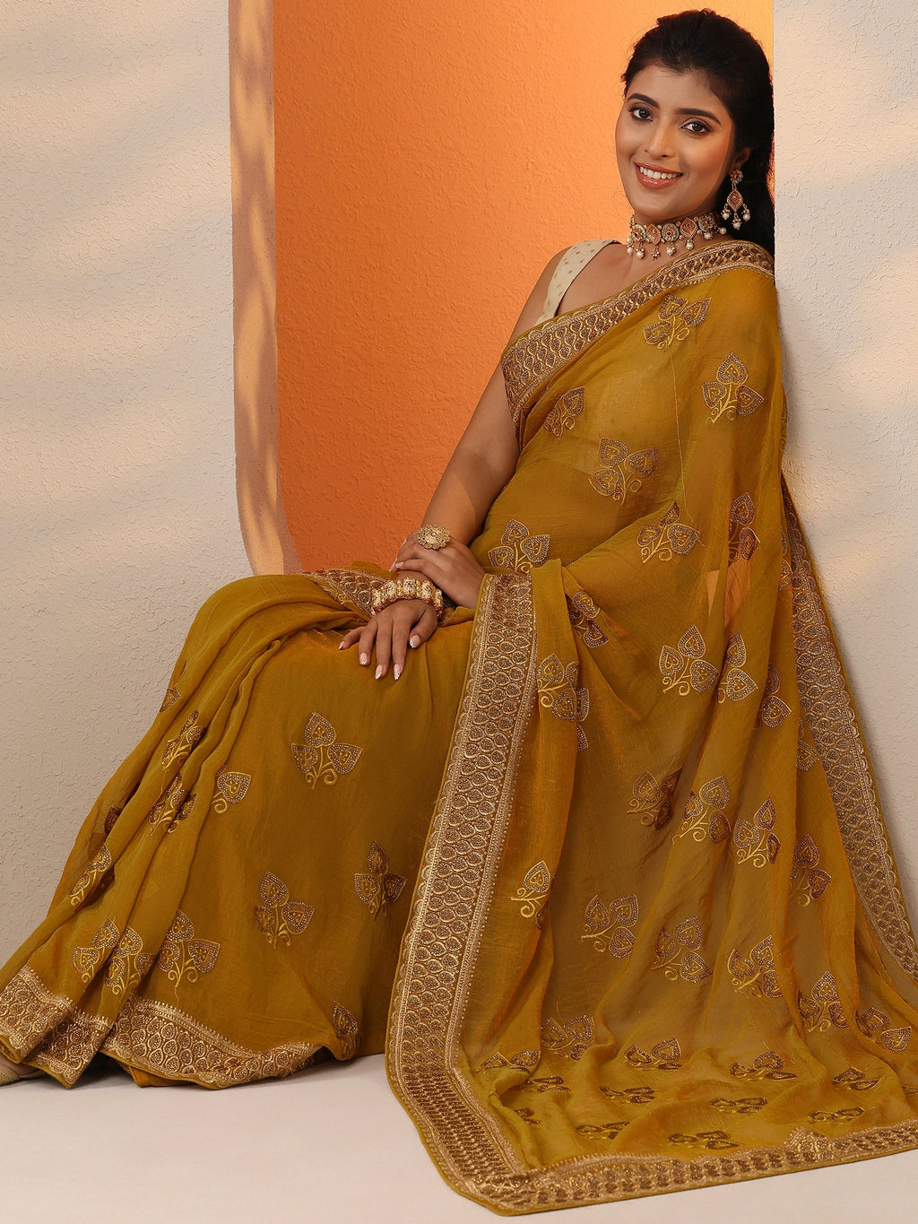 Mustard Embroidered Chinon Saree With Unstitched Blouse Piece