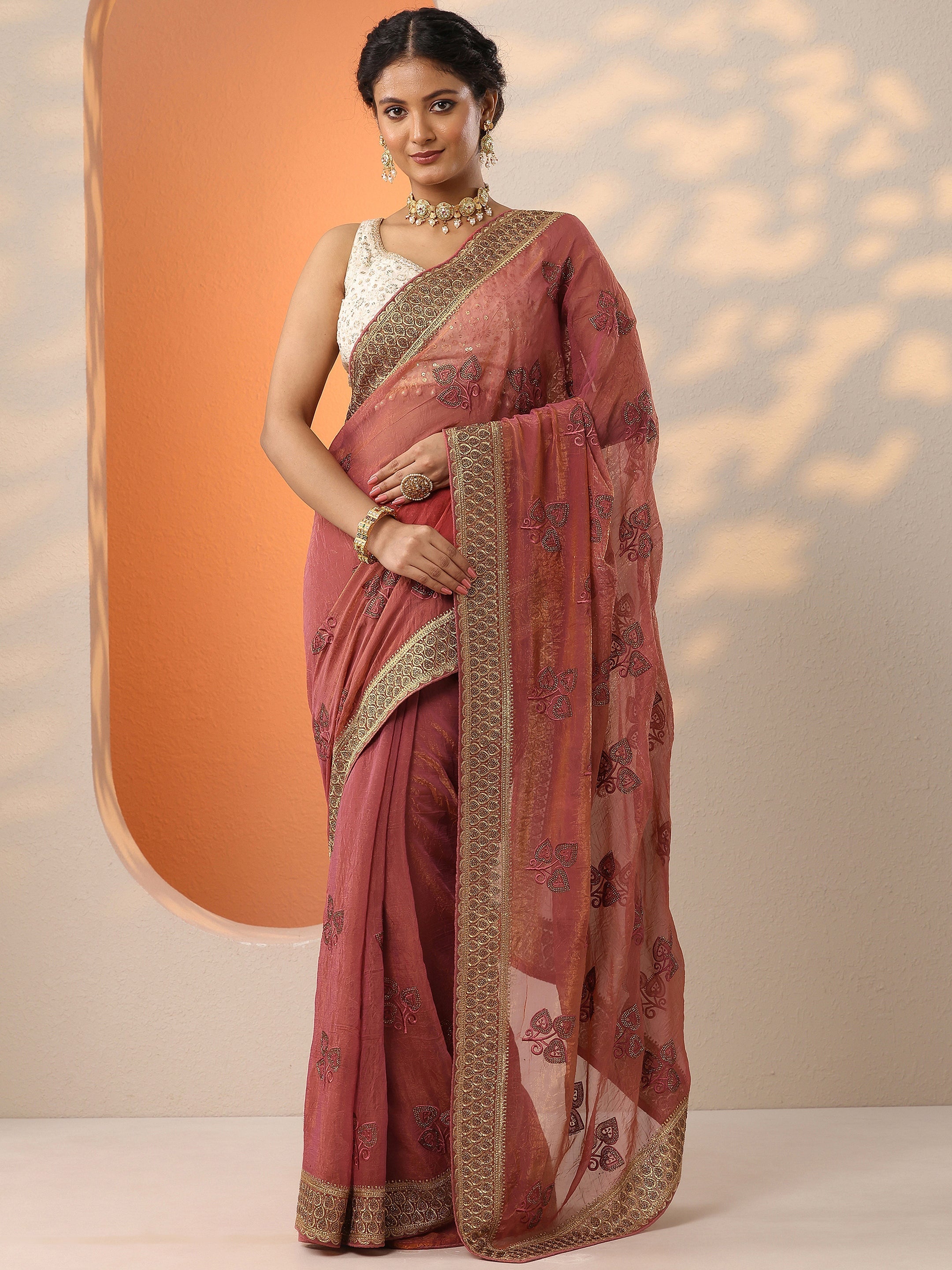Coral Embroidered Chinon Saree With Unstitched Blouse Piece