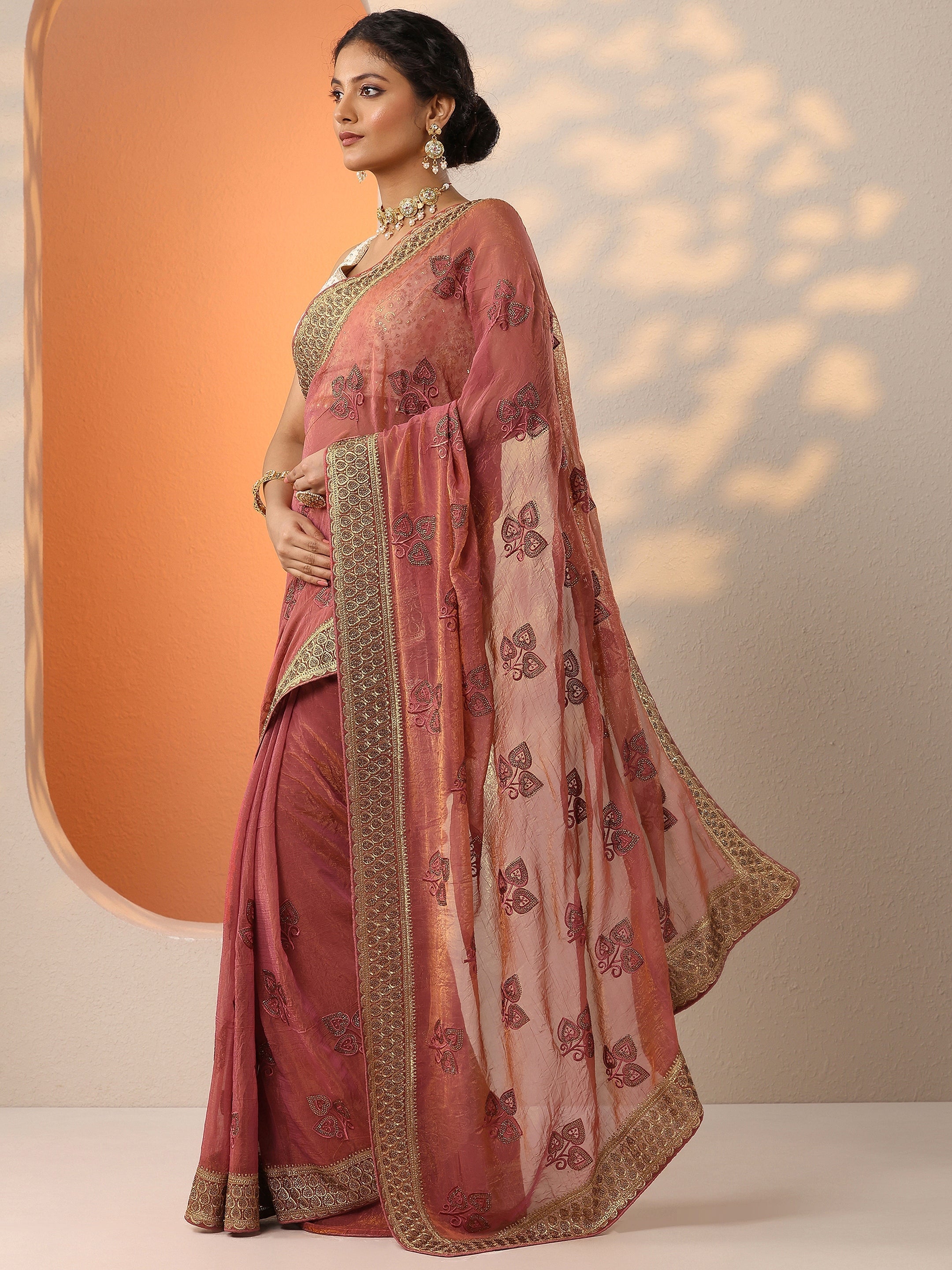 Coral Embroidered Chinon Saree With Unstitched Blouse Piece