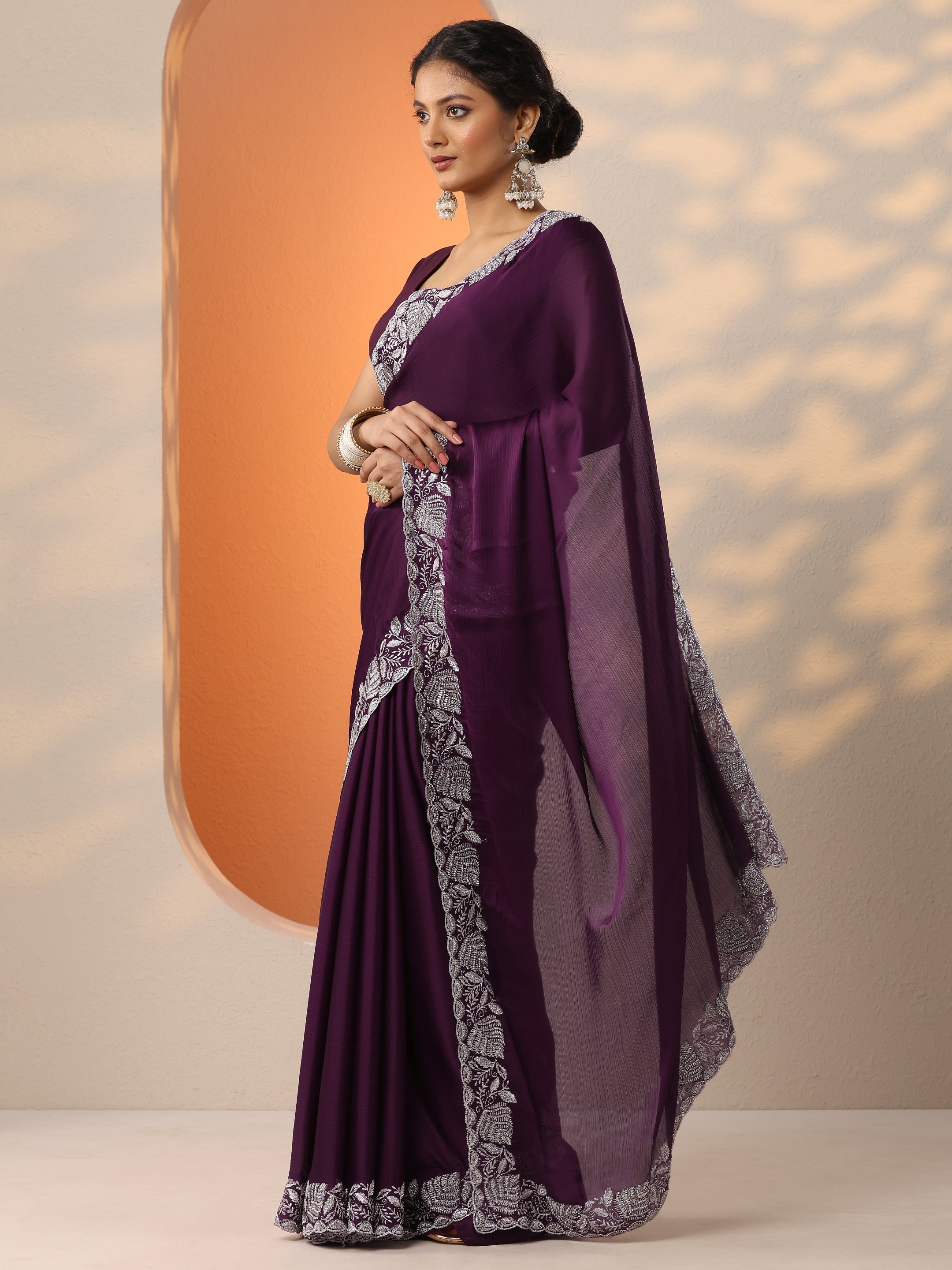 Burgundy Embroidered Chinon Saree With Unstitched Blouse Piece