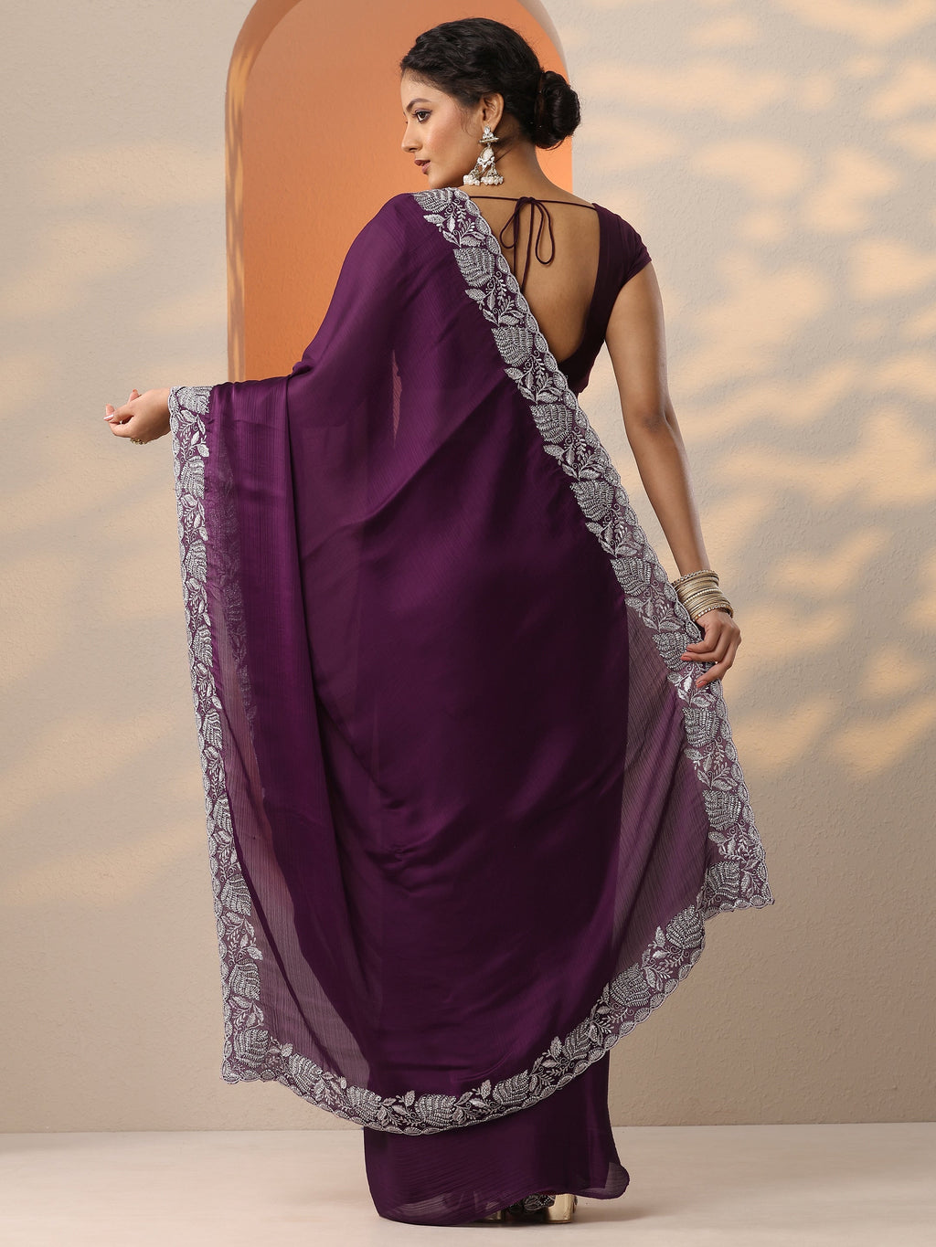 Burgundy Embroidered Chinon Saree With Unstitched Blouse Piece