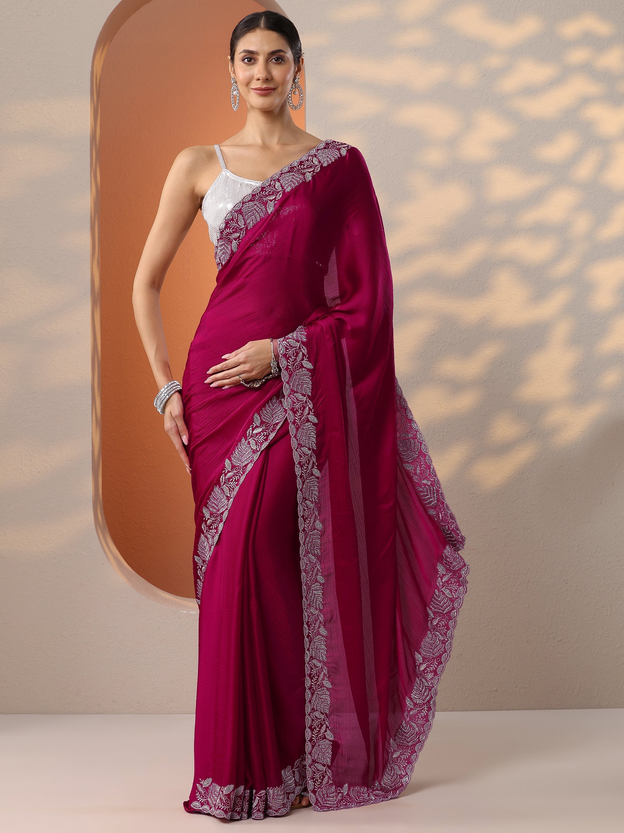 Pink Embroidered Chinon Saree With Unstitched Blouse Piece