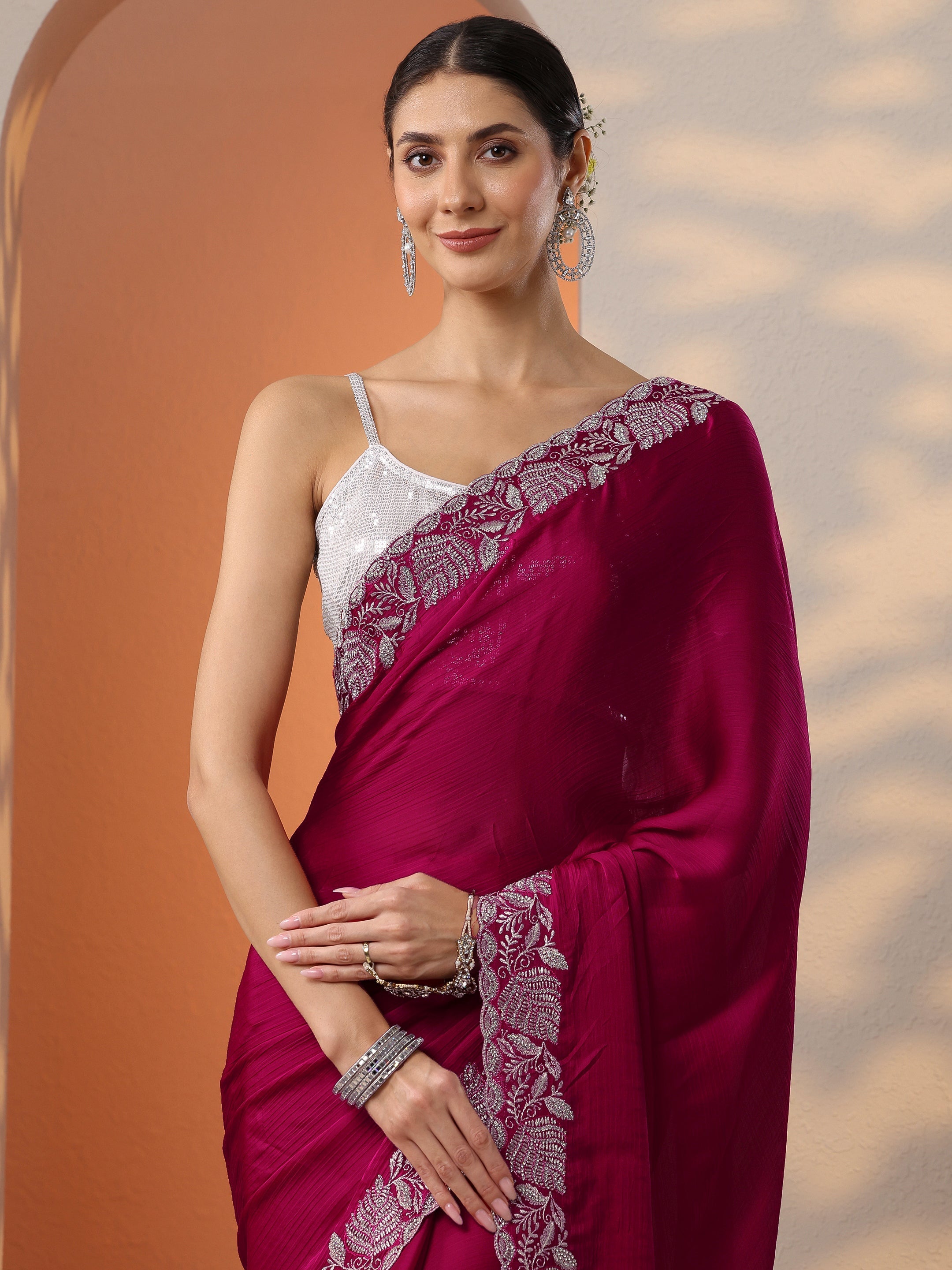 Pink Embroidered Chinon Saree With Unstitched Blouse Piece