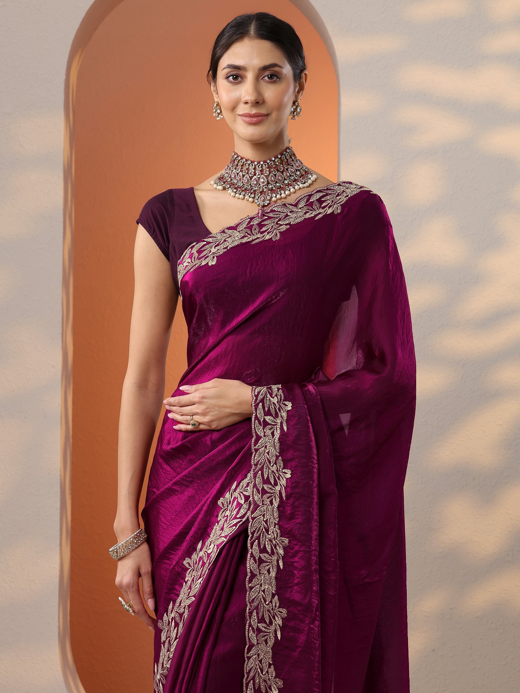 Maroon Embroidered Organza Saree With Unstitched Blouse Piece