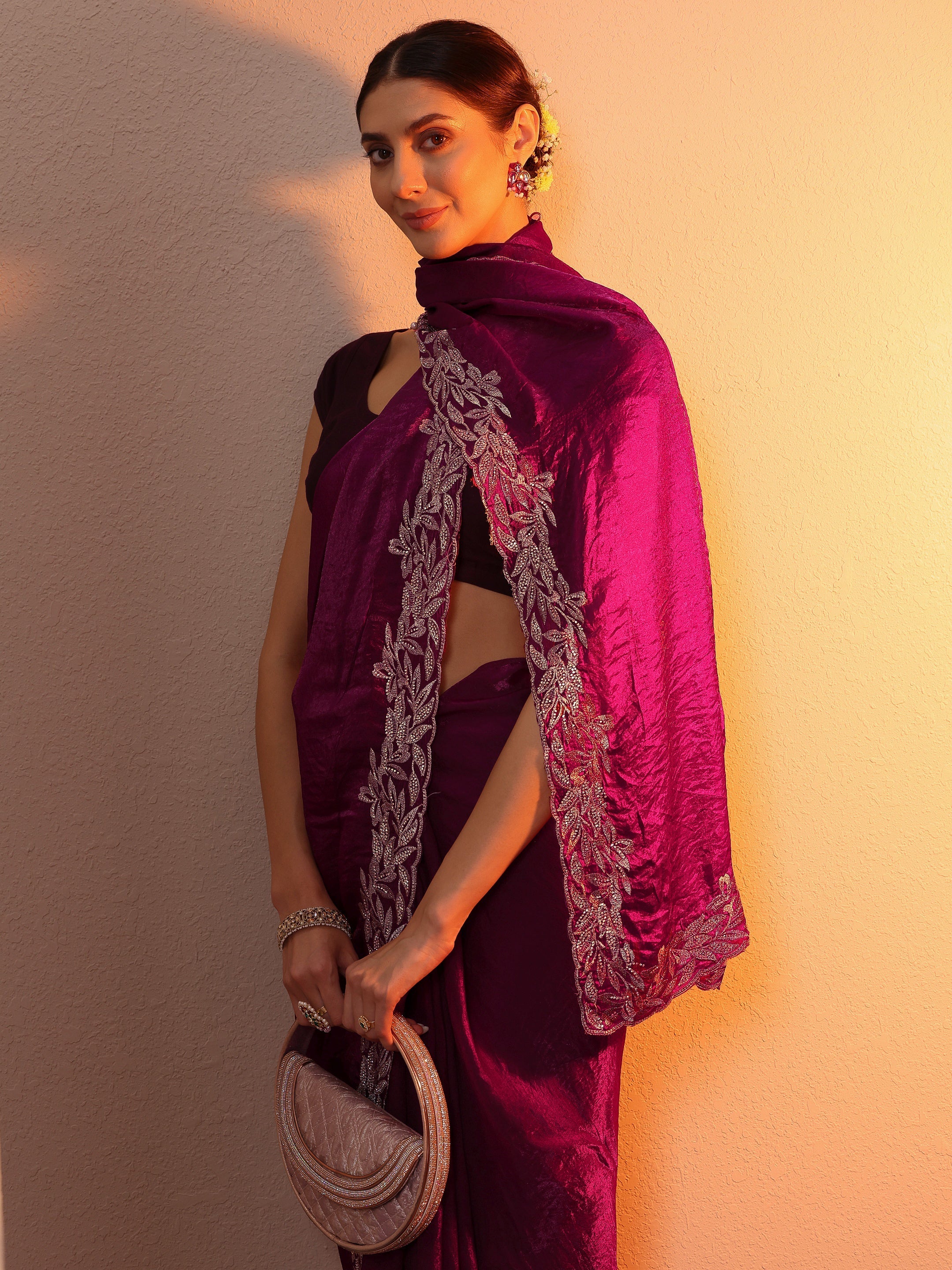 Maroon Embroidered Organza Saree With Unstitched Blouse Piece
