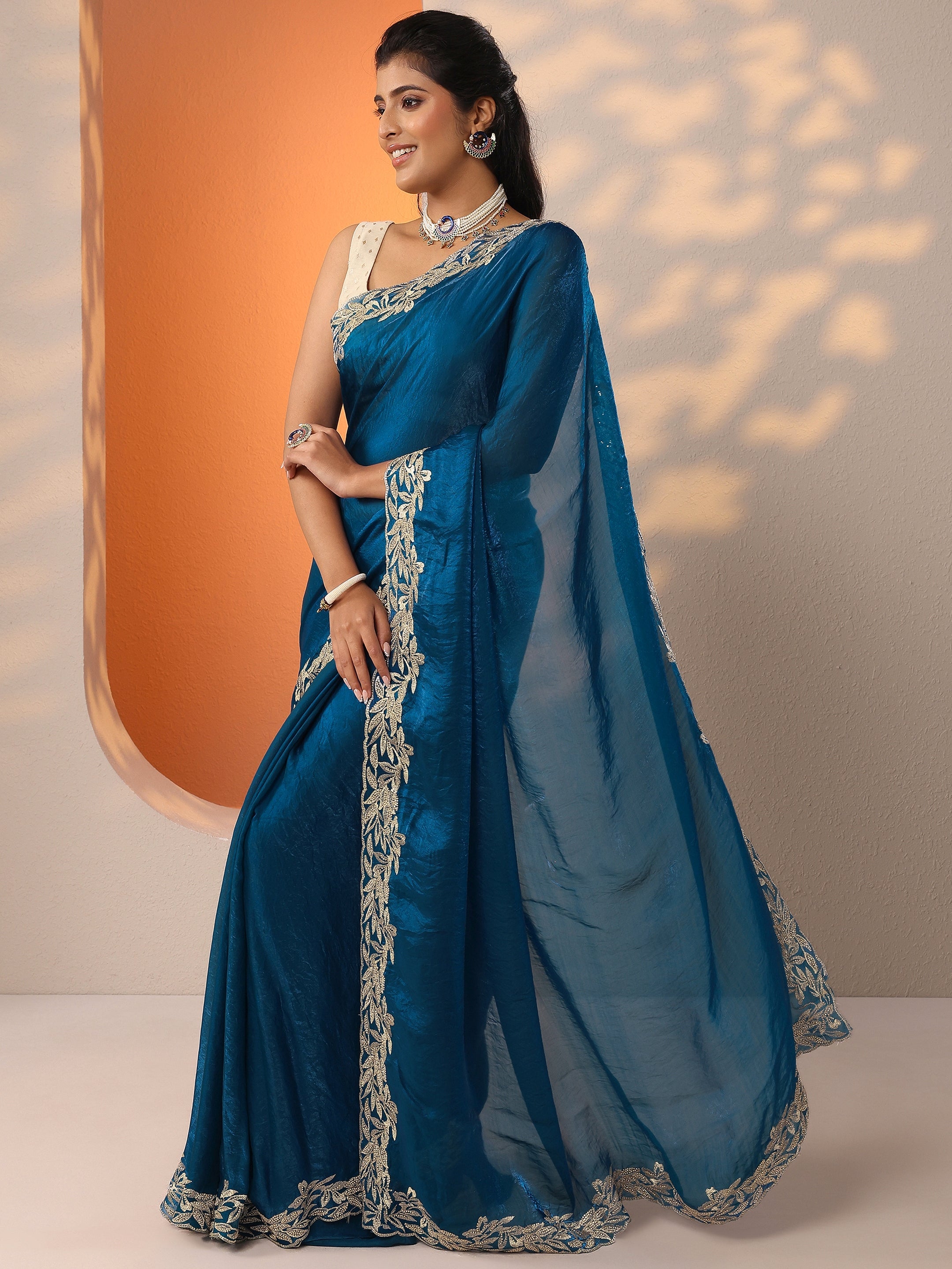 Blue Embroidered Organza Saree With Unstitched Blouse Piece