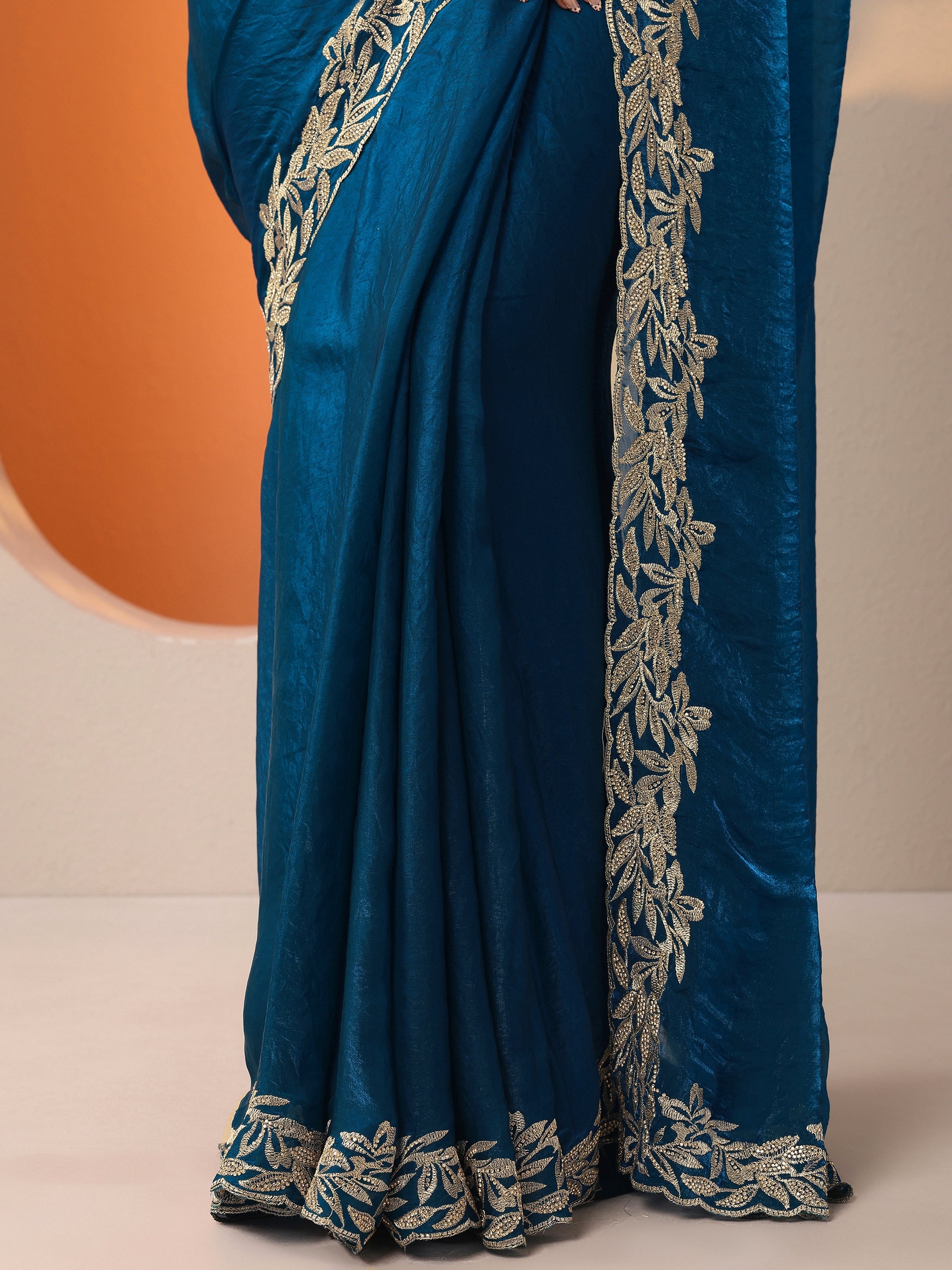 Blue Embroidered Organza Saree With Unstitched Blouse Piece