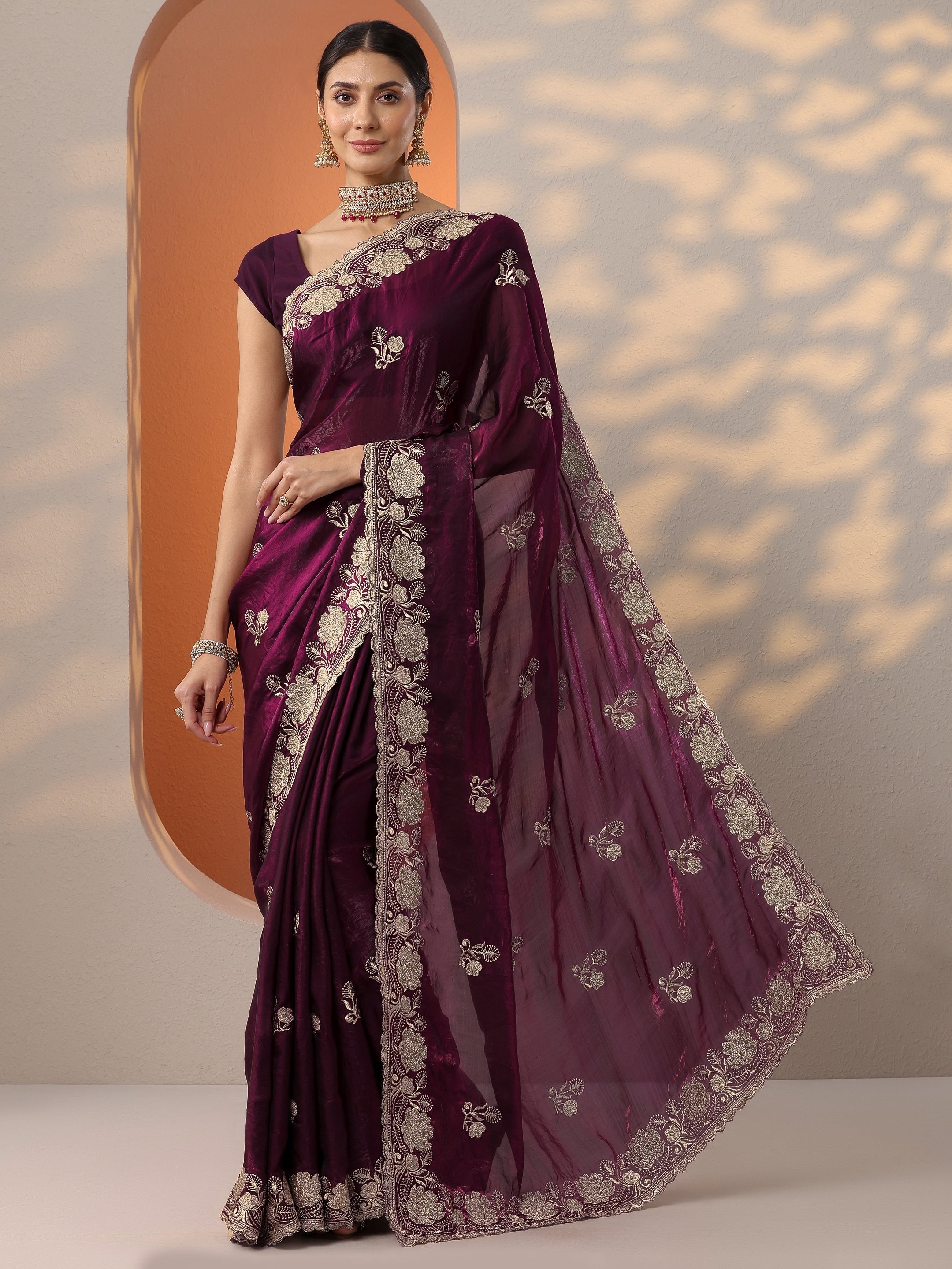 Burgundy Embroidered Organza Saree With Unstitched Blouse Piece