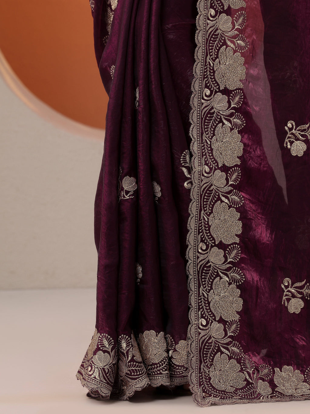 Burgundy Embroidered Organza Saree With Unstitched Blouse Piece
