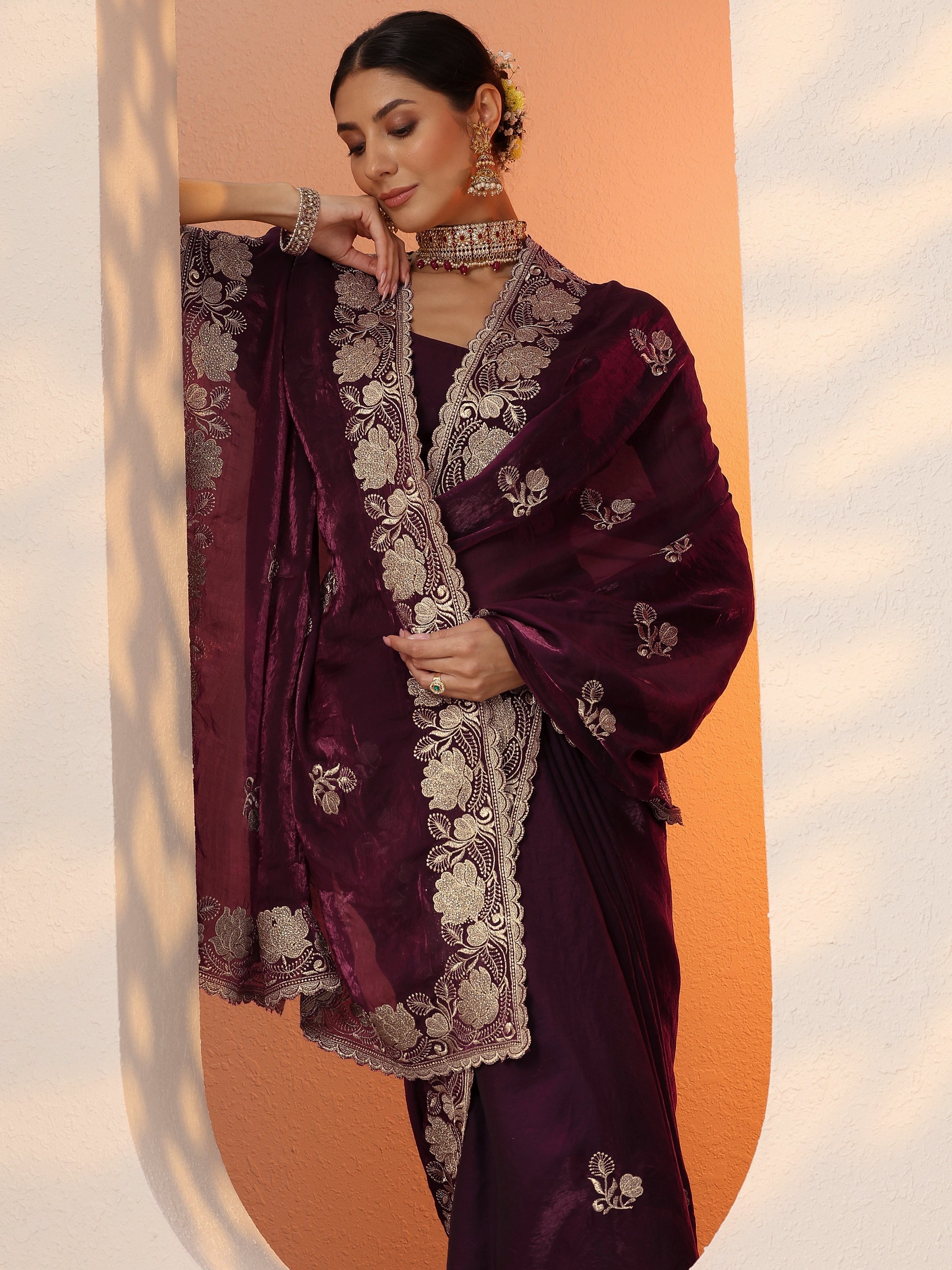 Burgundy Embroidered Organza Saree With Unstitched Blouse Piece