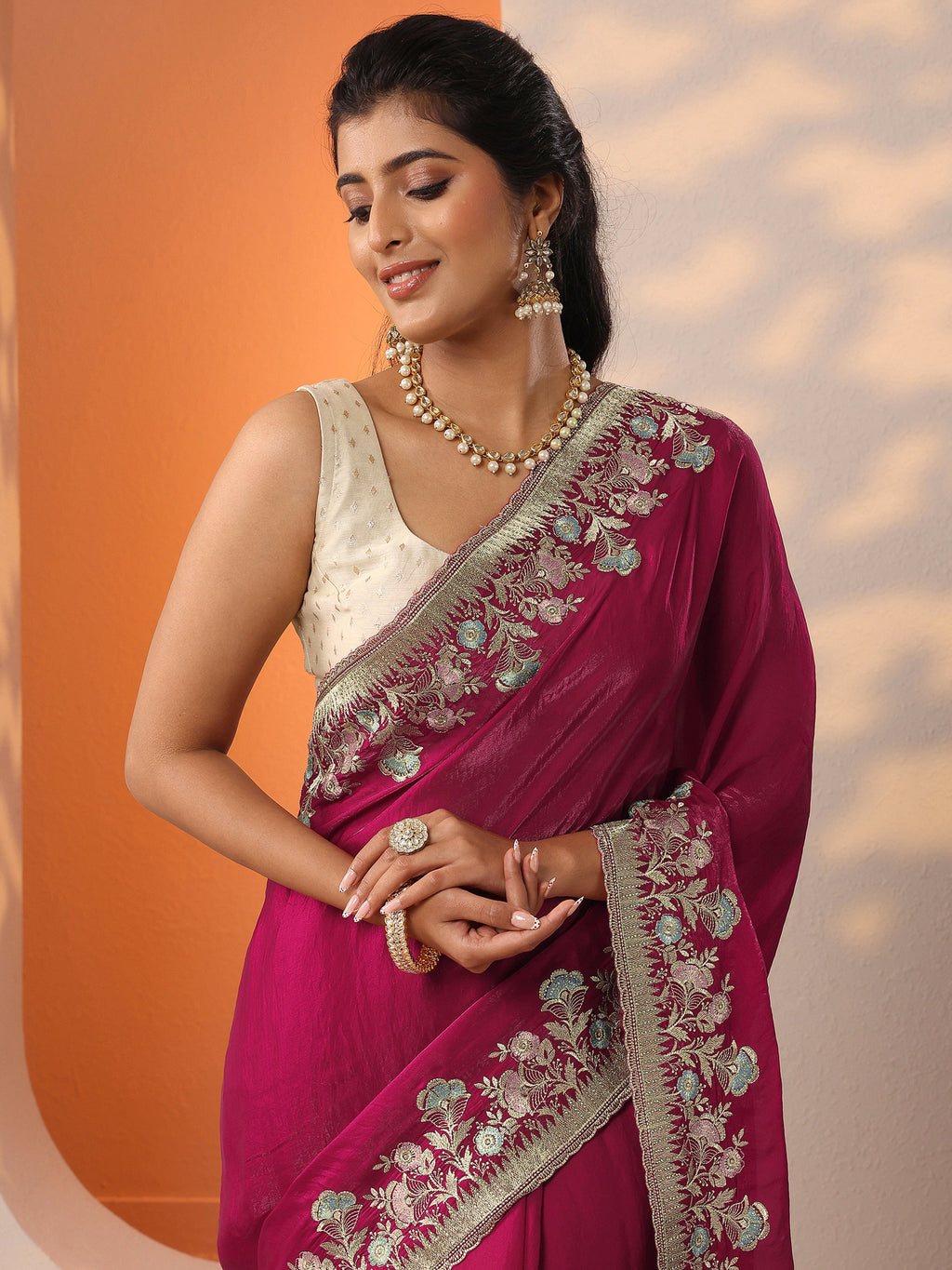 Pink Embroidered Organza Saree With Unstitched Blouse Piece