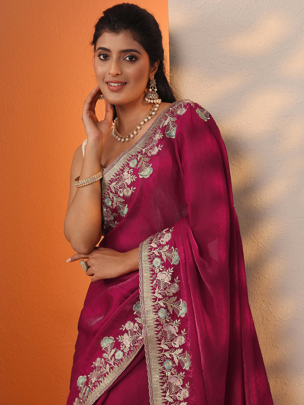 Pink Embroidered Organza Saree With Unstitched Blouse Piece