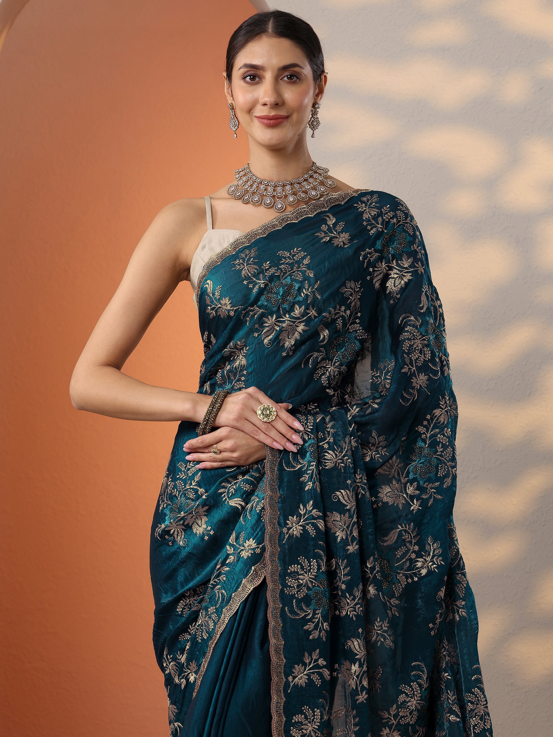 Blue Embroidered Organza Saree With Unstitched Blouse Piece