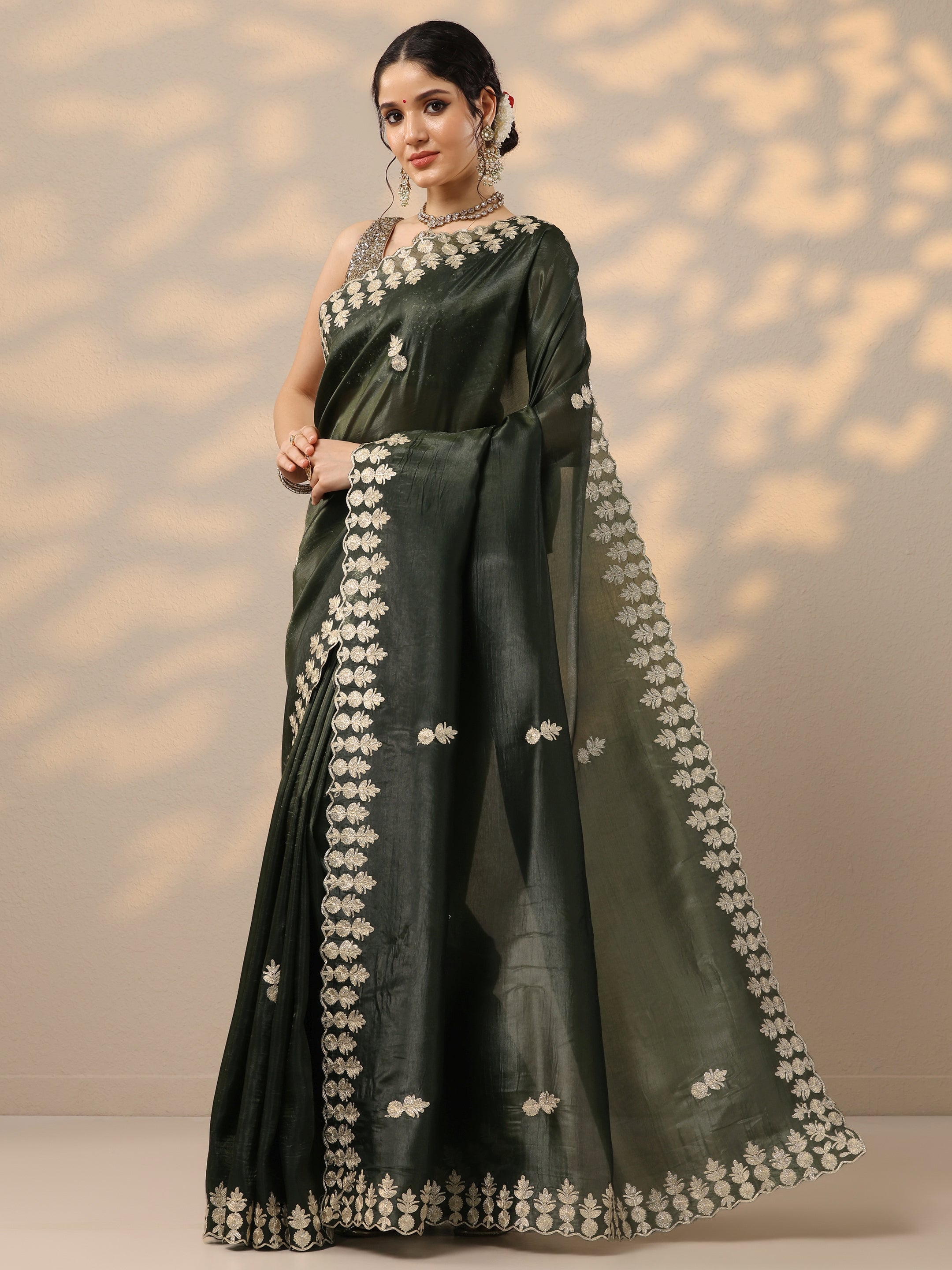 Olive Green Embroidered Organza Saree With Unstitched Blouse Piece