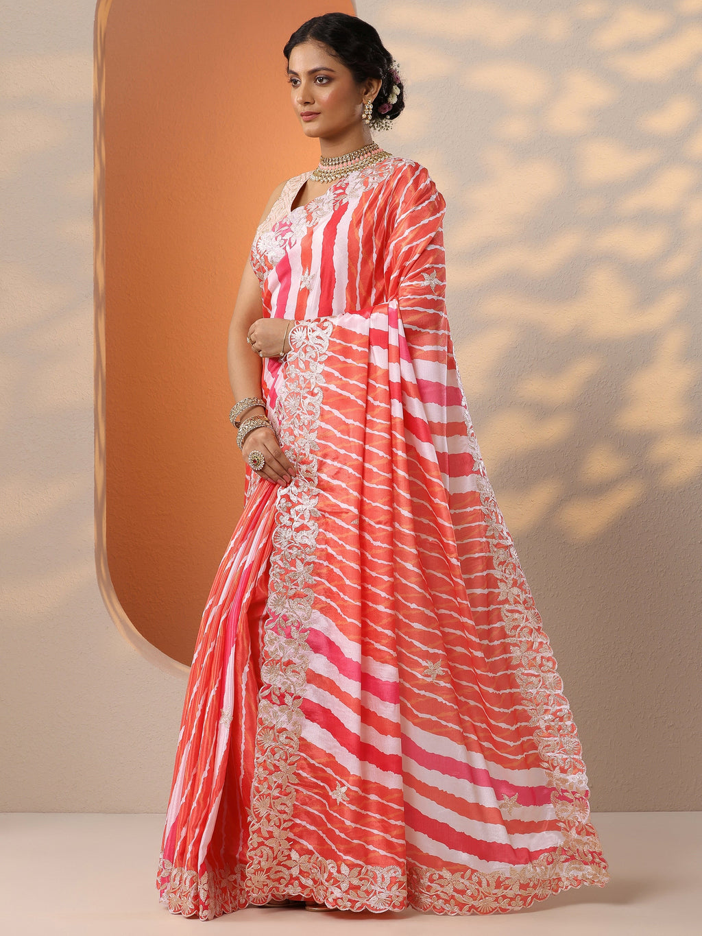 Orange Leheriya Printed Chinon Saree With Unstitched Blouse Piece