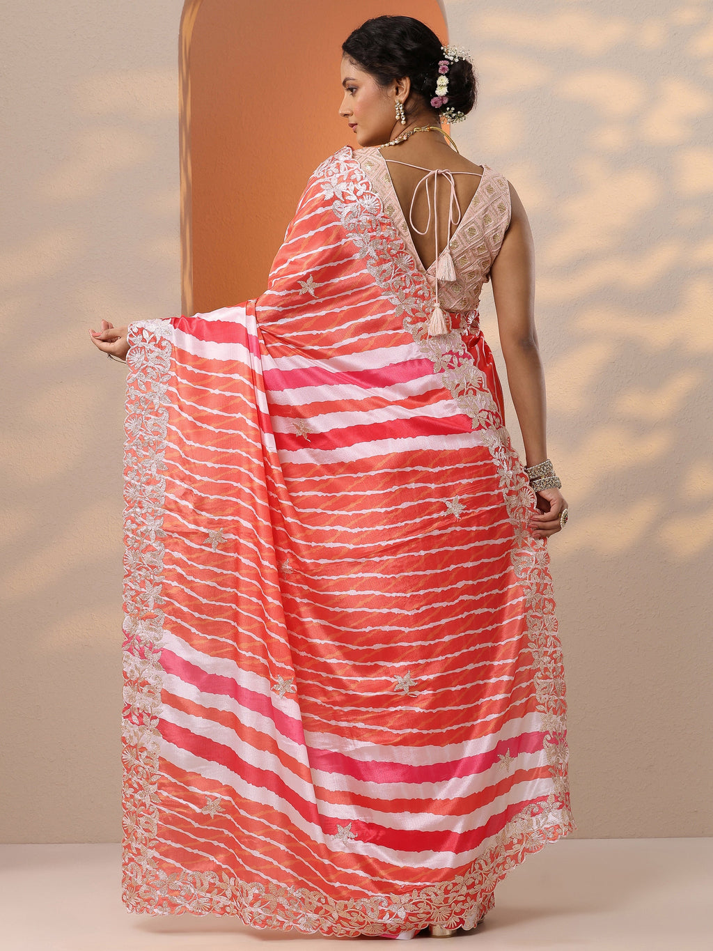 Orange Leheriya Printed Chinon Saree With Unstitched Blouse Piece