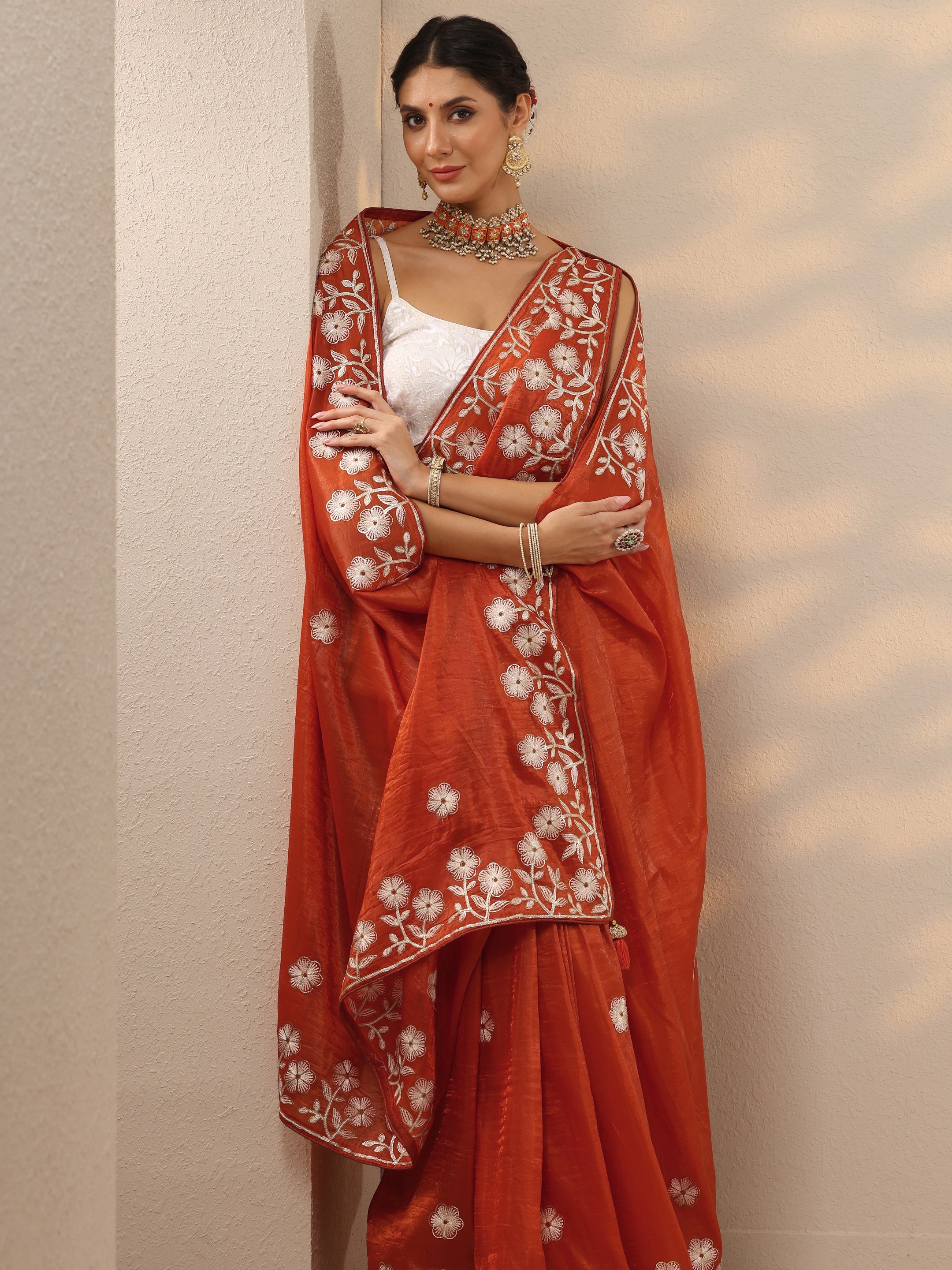Orange Embroidered Organza Saree With Unstitched Blouse Piece