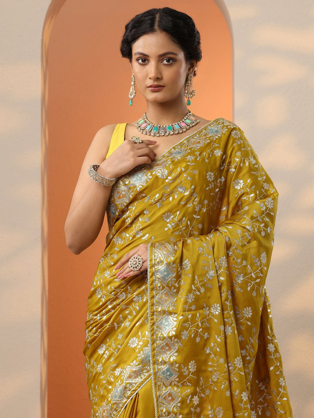 Mustard Embroidered Satin Saree With Unstitched Blouse Piece