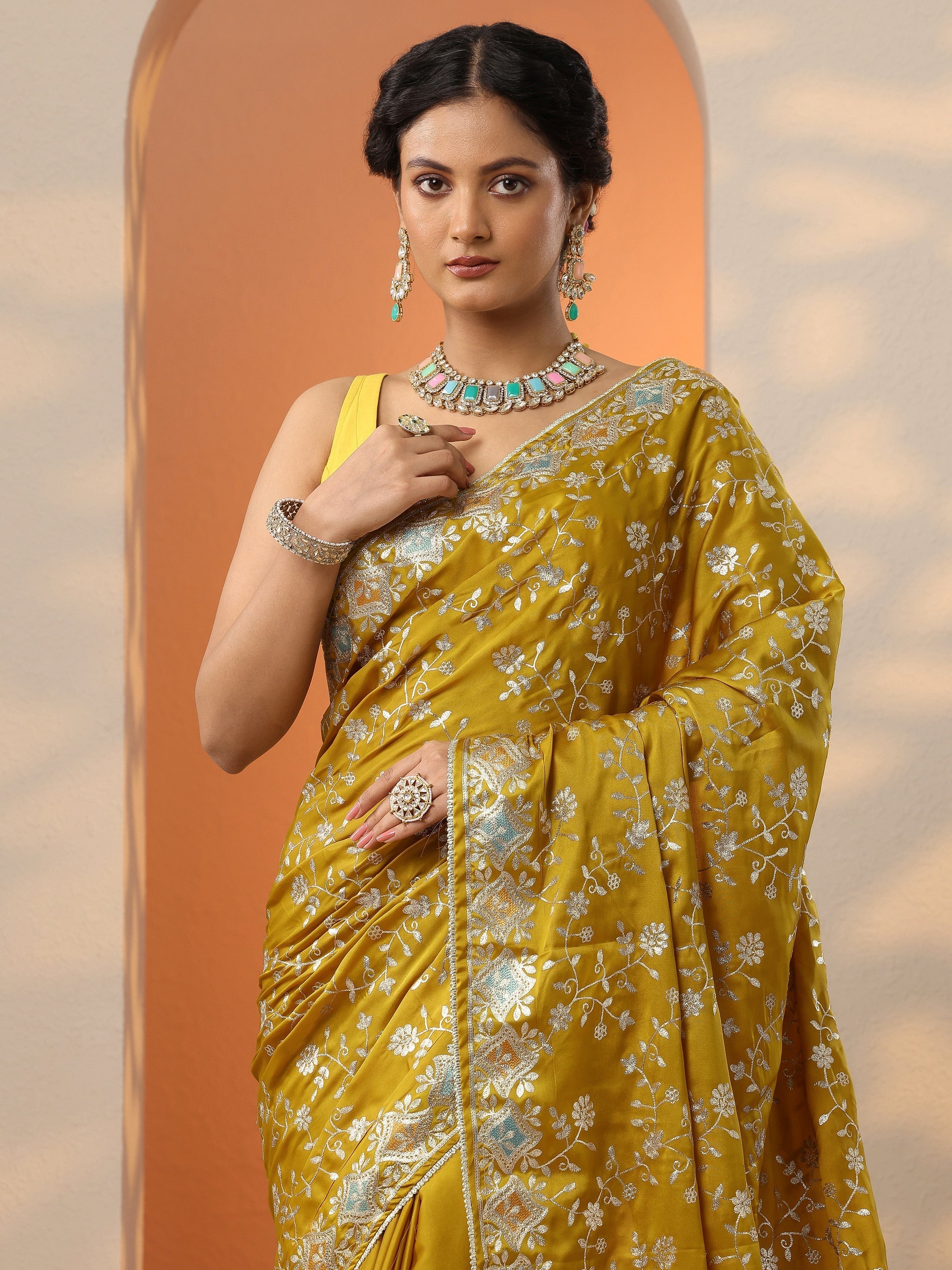 Mustard Embroidered Satin Saree With Unstitched Blouse Piece