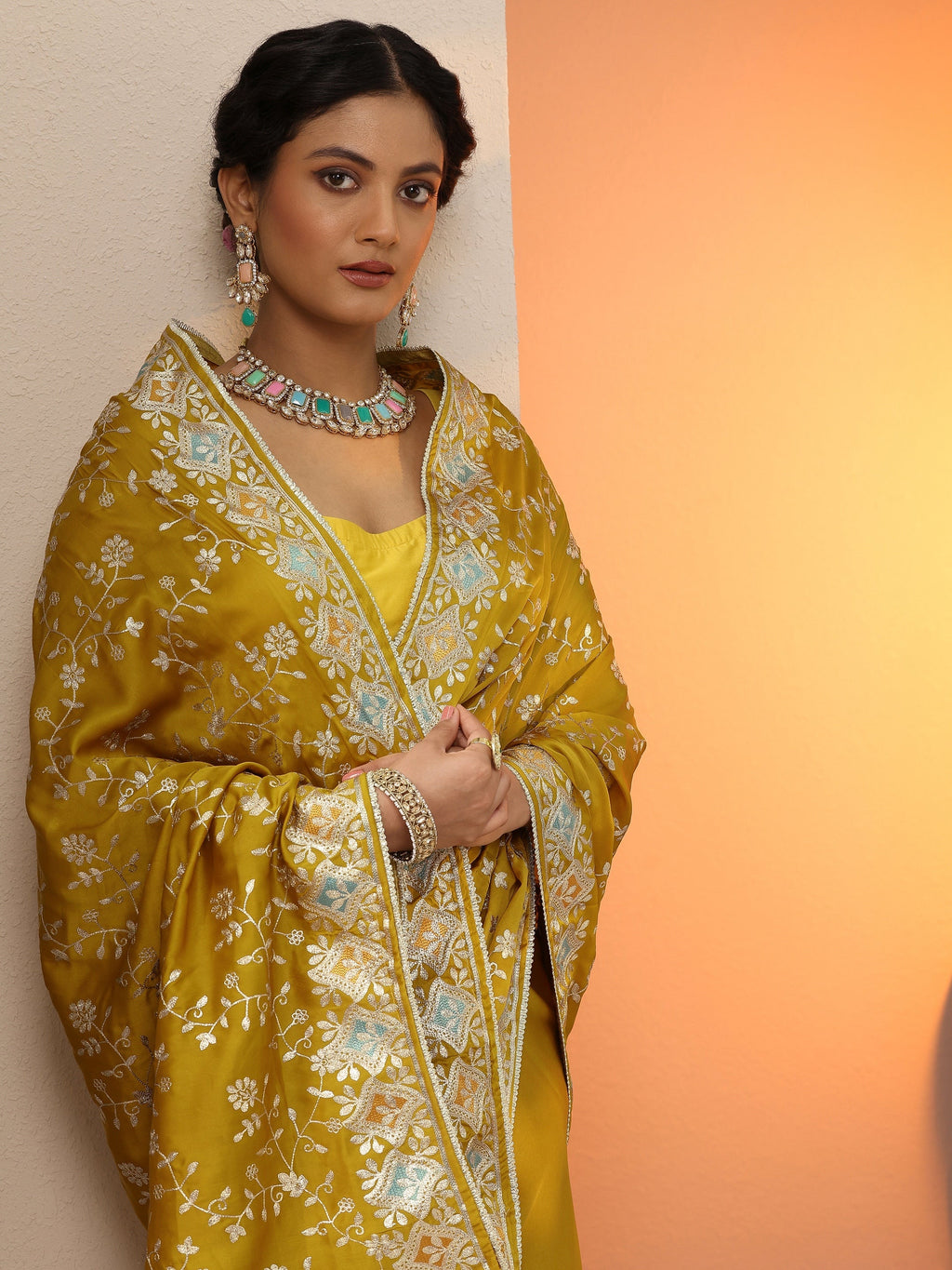 Mustard Embroidered Satin Saree With Unstitched Blouse Piece