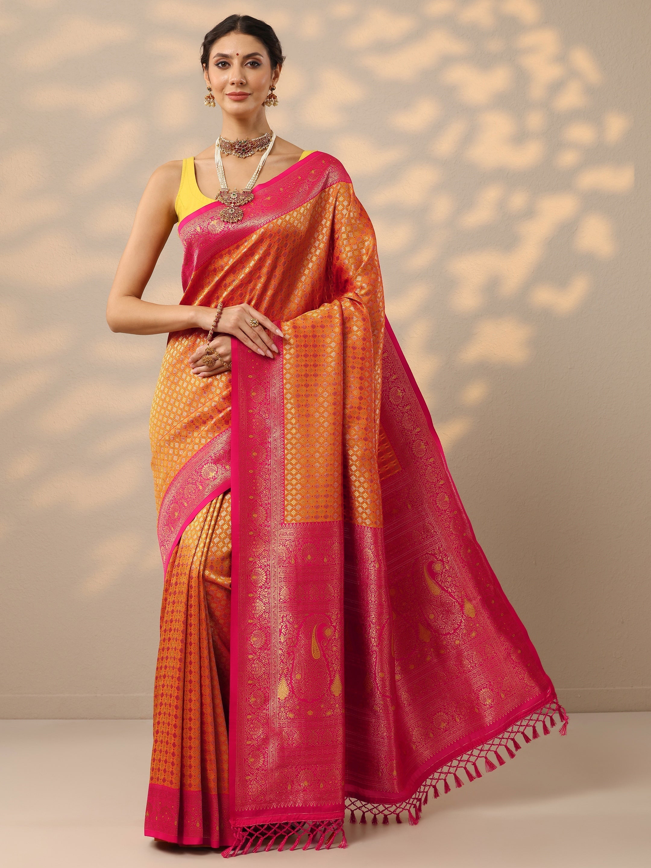 Mustard Woven Design Banarasi Silk Blend Saree With Unstitched Blouse Piece