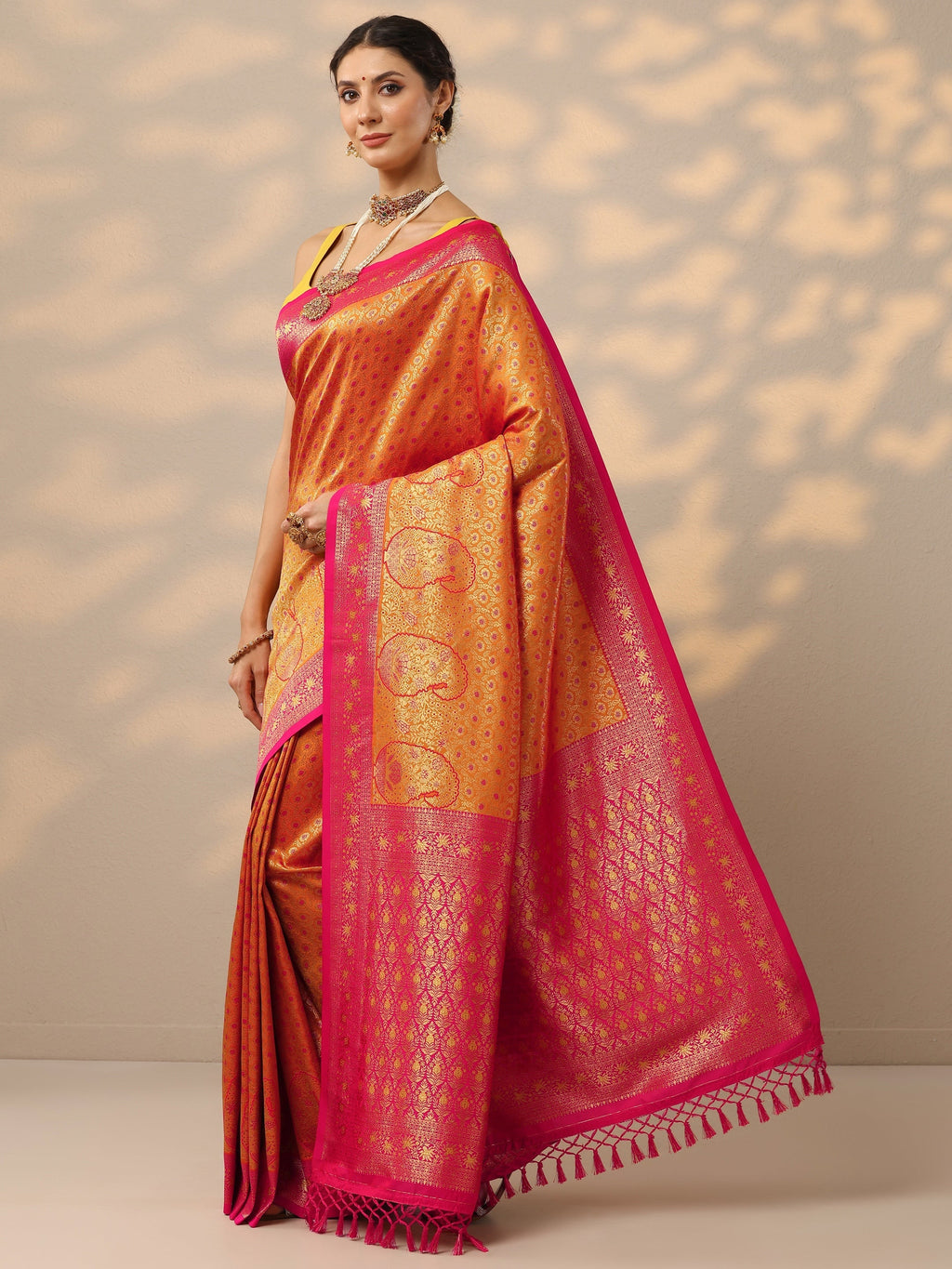 Mustard Woven Design Banarasi Silk Blend Saree With Unstitched Blouse Piece