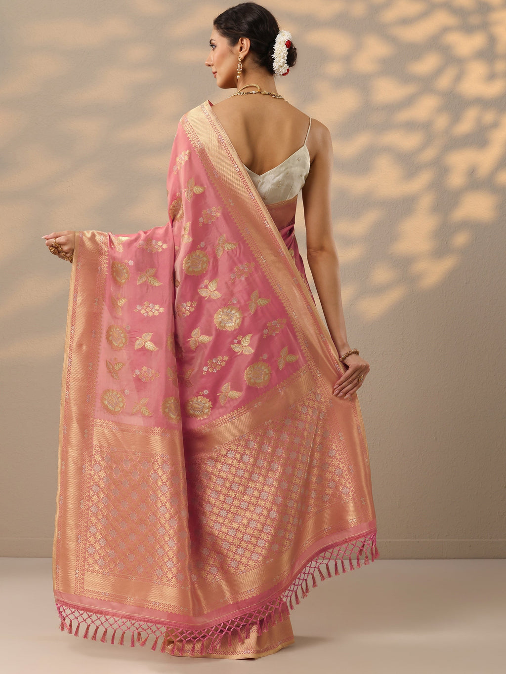 Peach Woven Design Banarasi Silk Blend Saree With Unstitched Blouse Piece