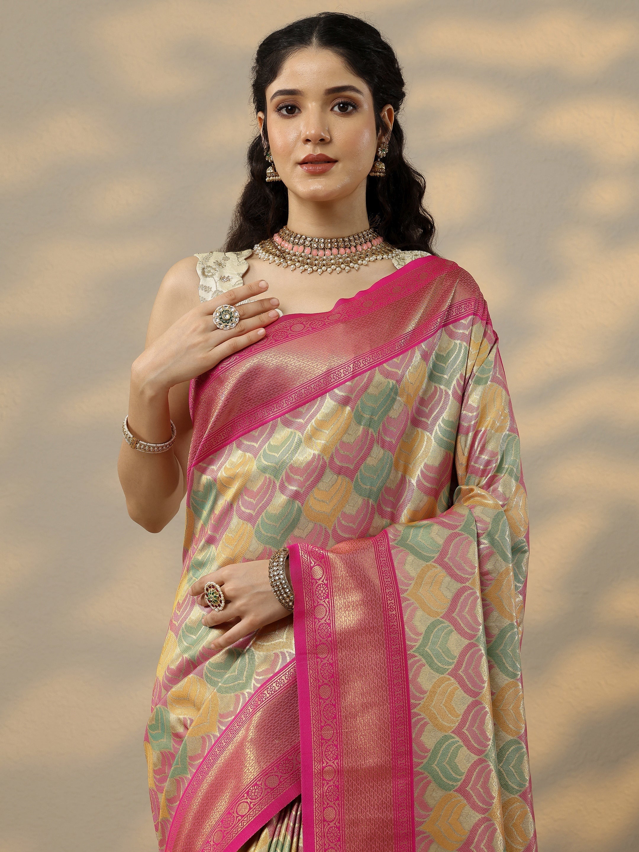 Multi Woven Design Banarasi Silk Blend Saree With Unstitched Blouse Piece