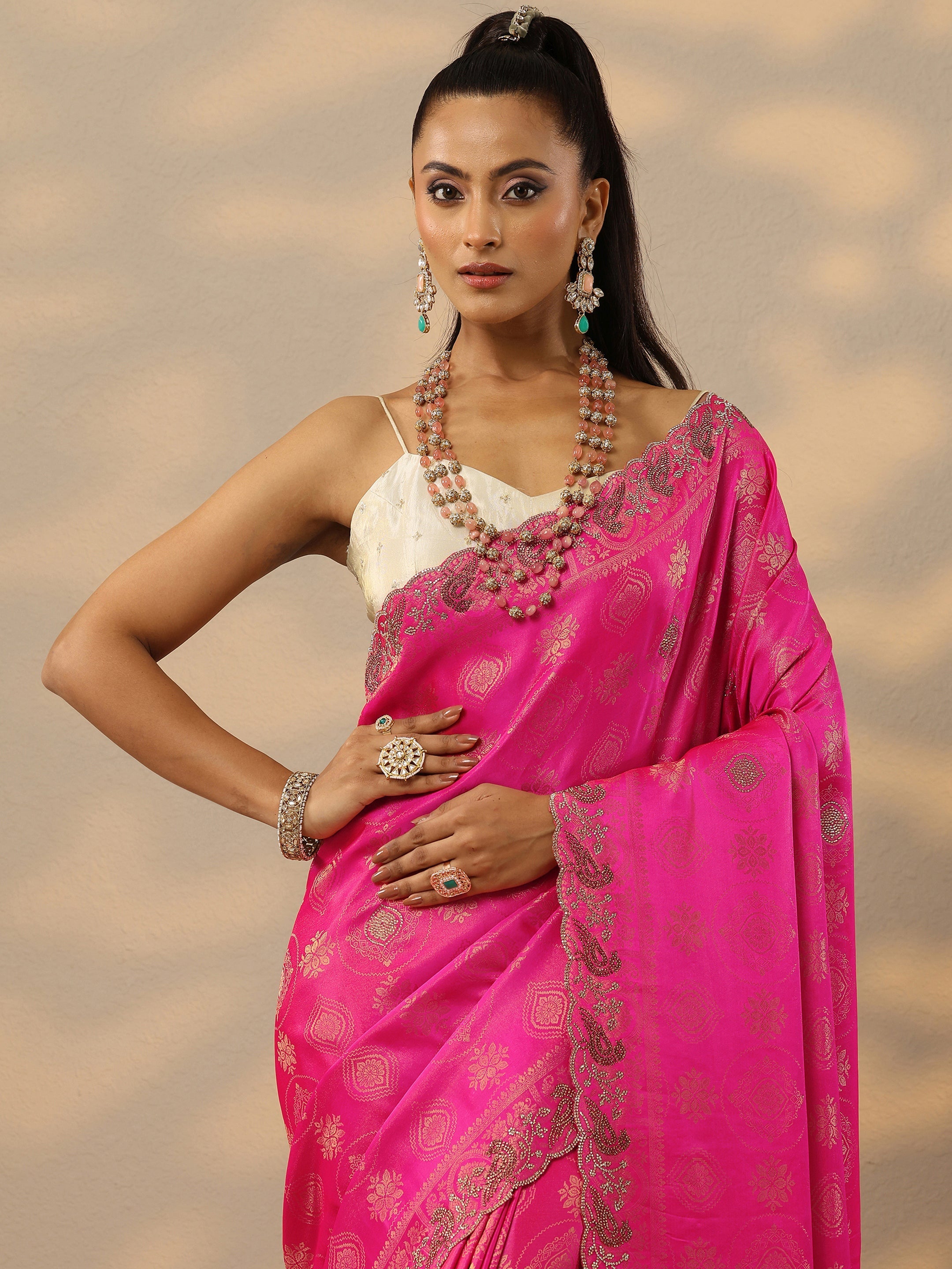 Pink Embellished Banarasi Silk Blend Saree With Unstitched Blouse Piece