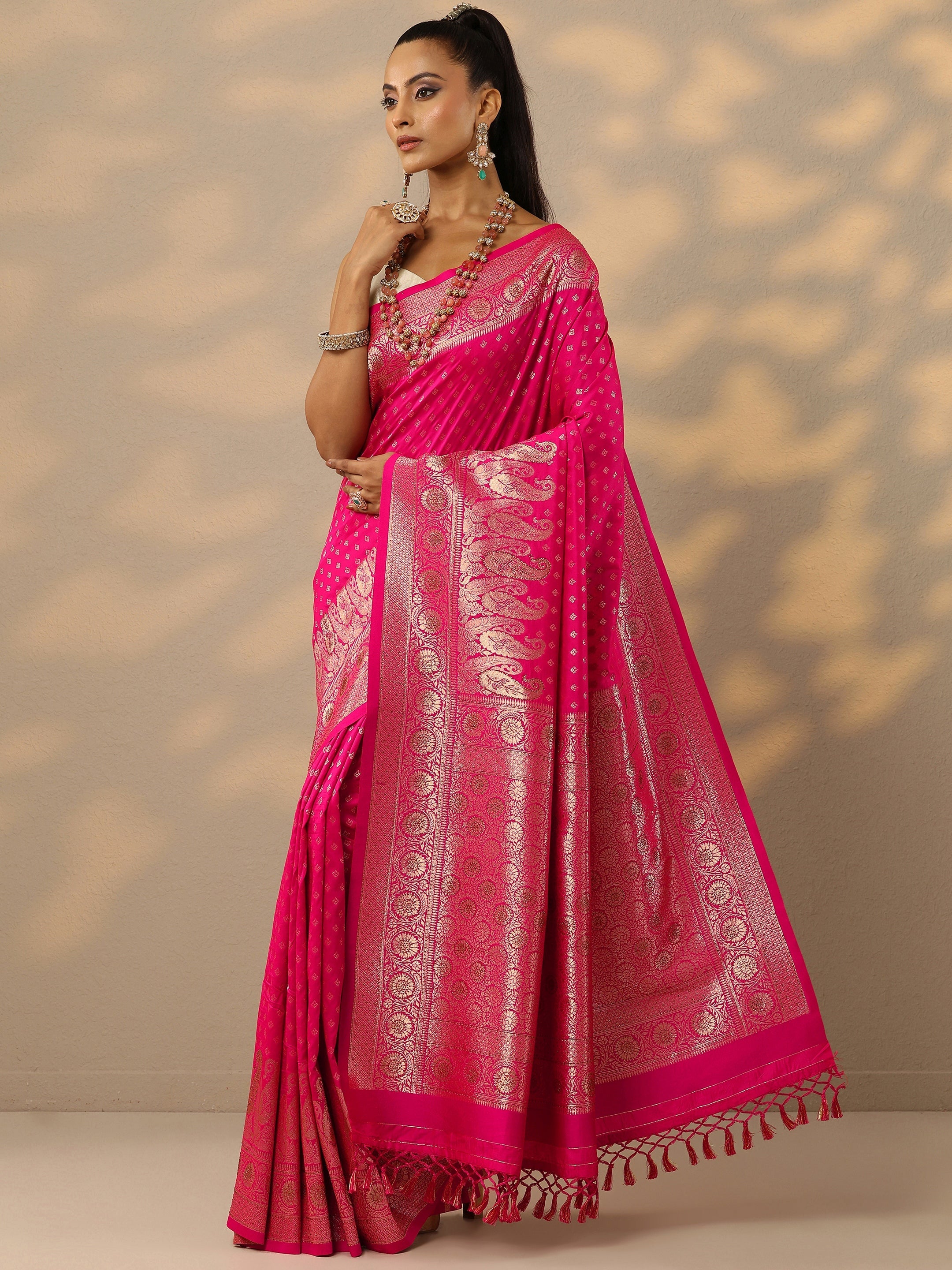 Pink Woven Design Banarasi Silk Blend Saree With Unstitched Blouse Piece