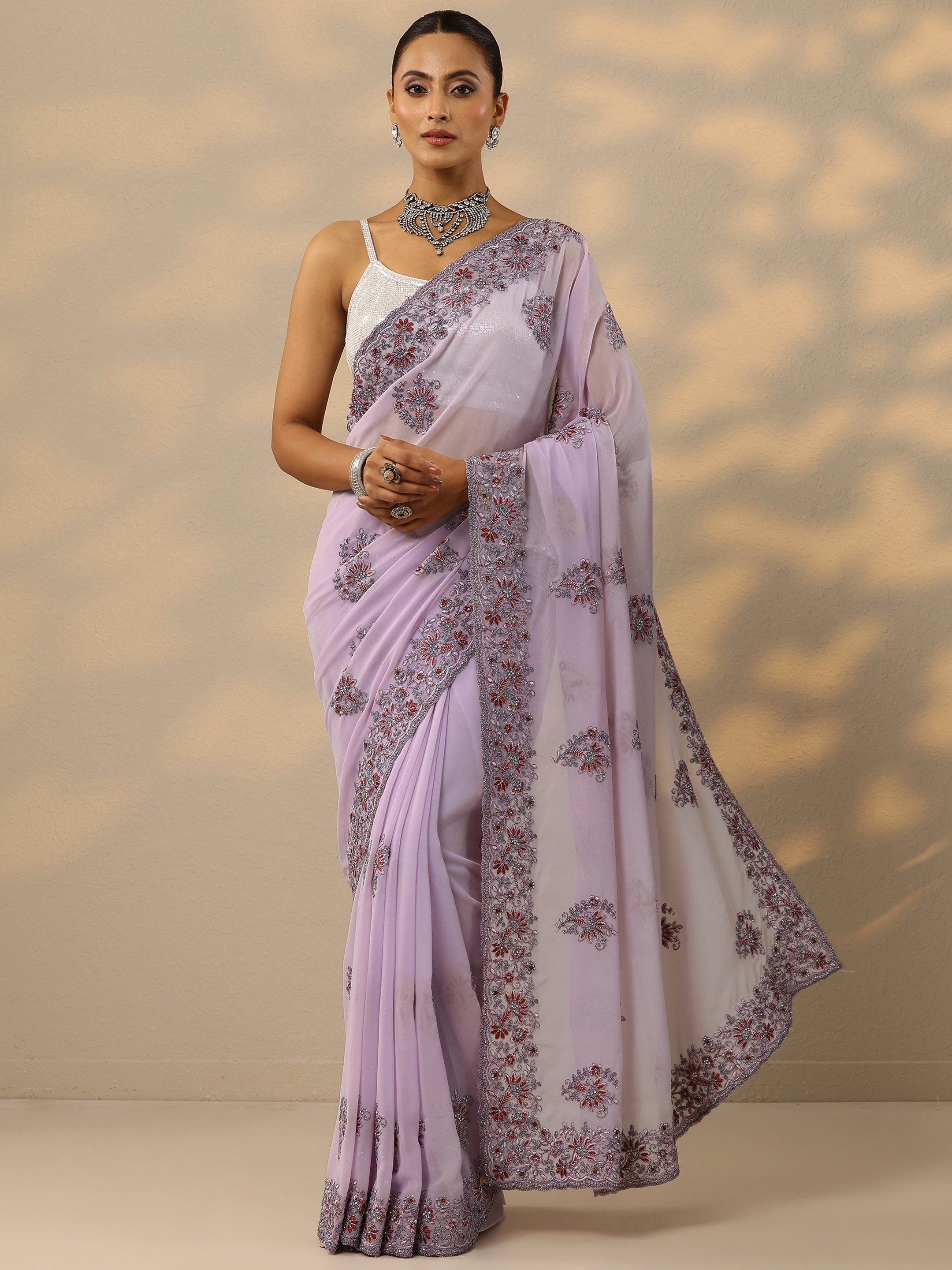 Lavender Embroidered Georgette Saree With Unstitched Blouse Piece