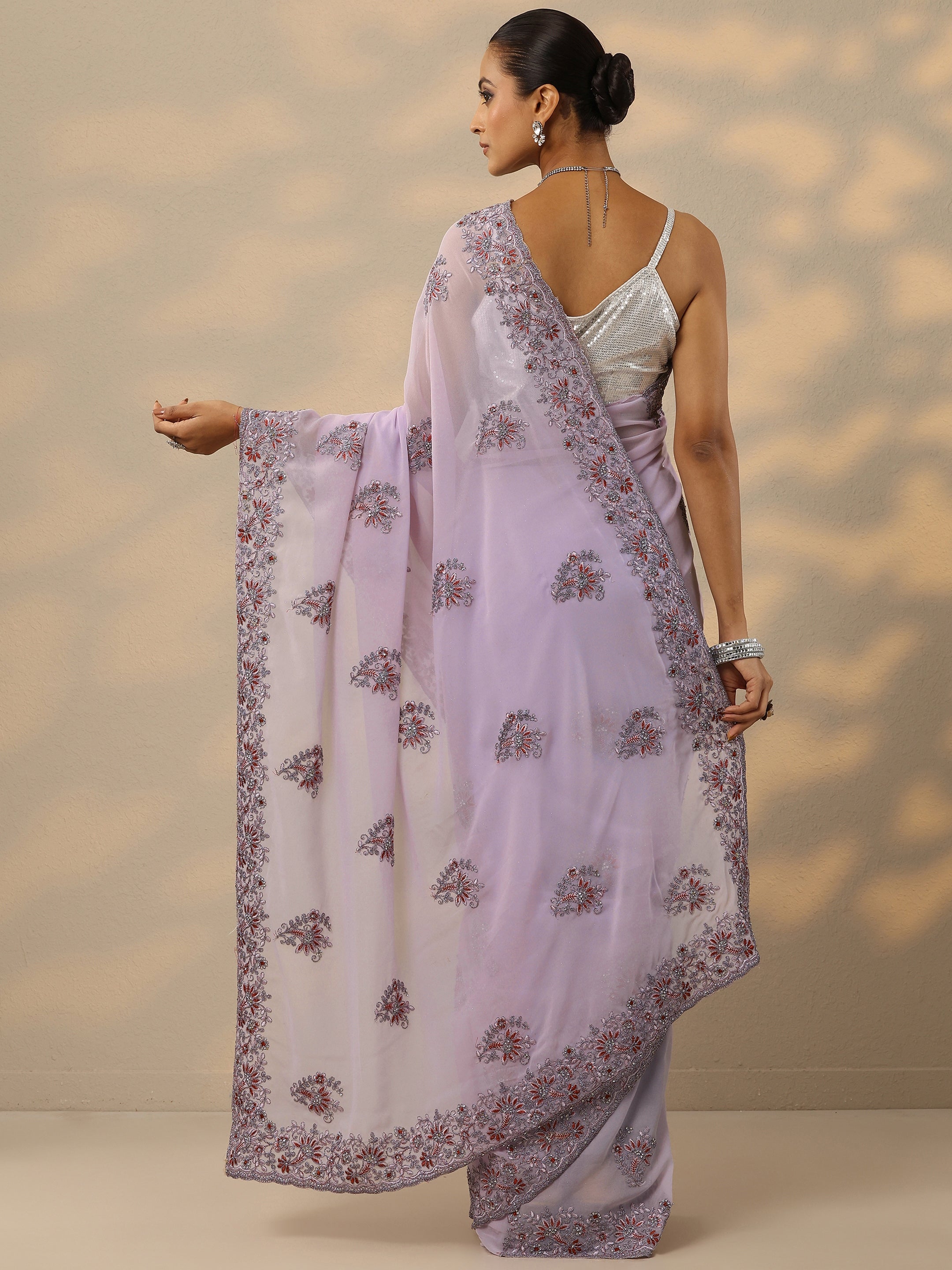 Lavender Embroidered Georgette Saree With Unstitched Blouse Piece