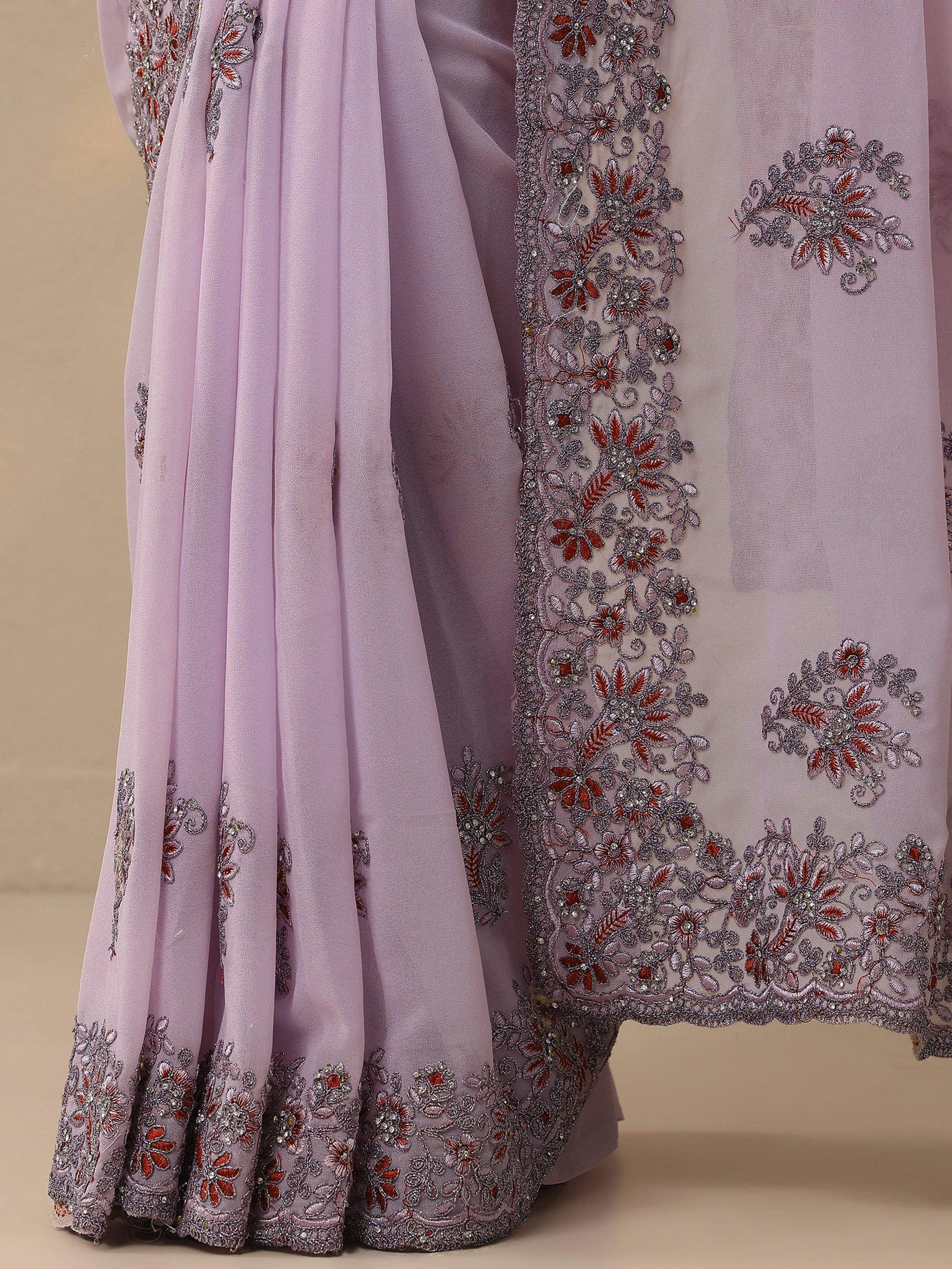 Lavender Embroidered Georgette Saree With Unstitched Blouse Piece