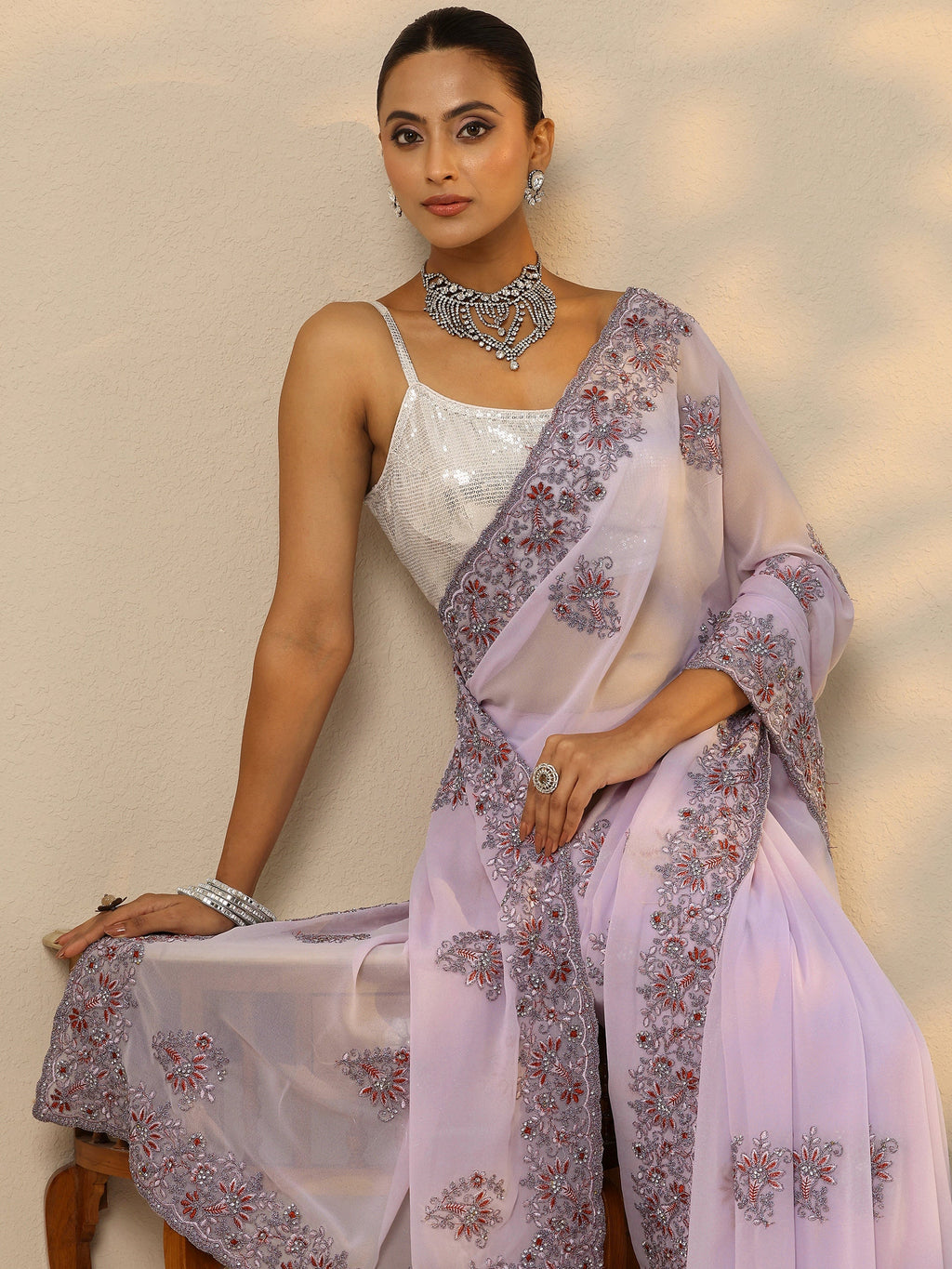 Lavender Embroidered Georgette Saree With Unstitched Blouse Piece