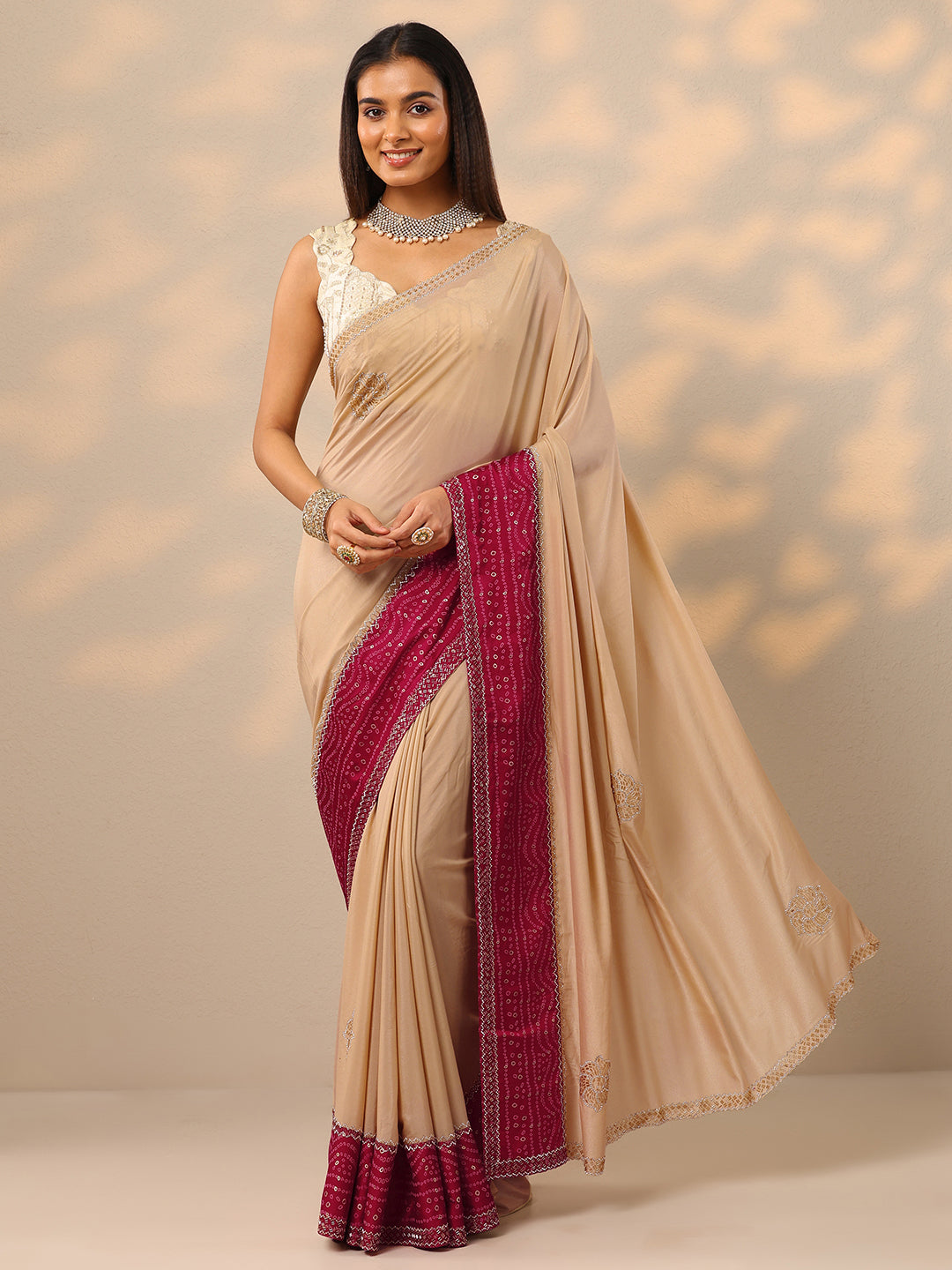 Beige Embellished Crepe Saree With Unstitched Blouse Piece