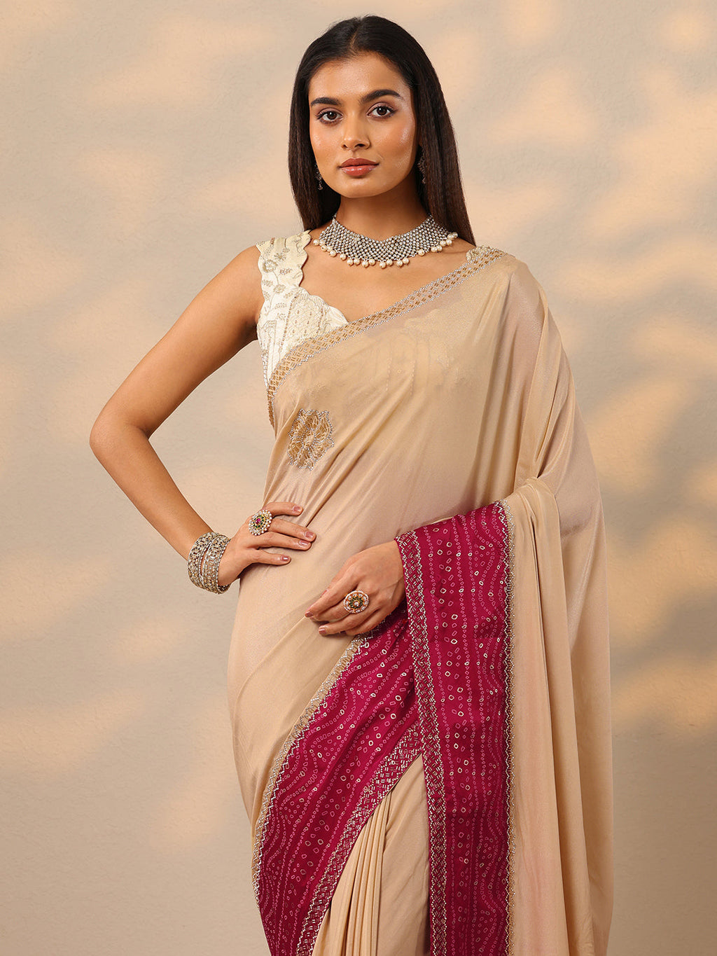 Beige Embellished Crepe Saree With Unstitched Blouse Piece
